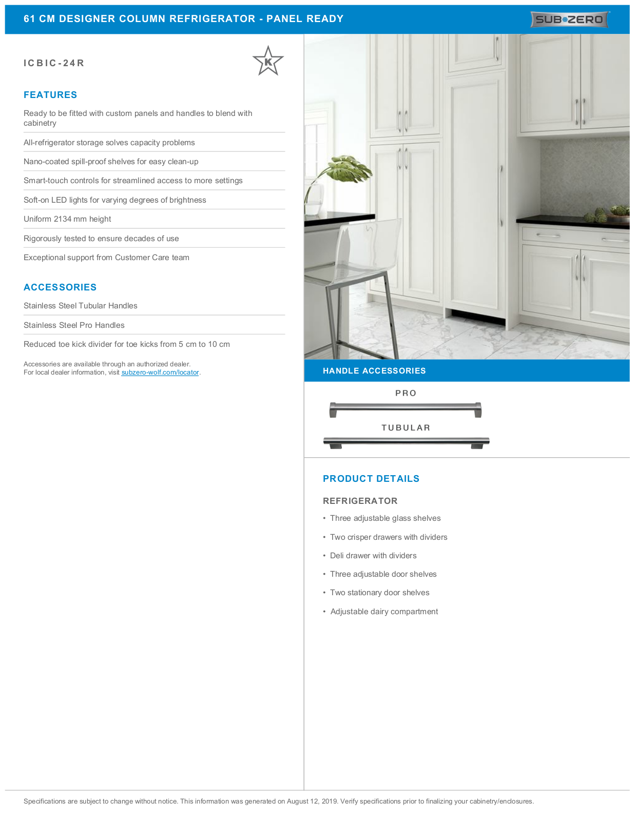 Sub-Zero ICBIC24RLH, ICBIC24RRH Datasheet