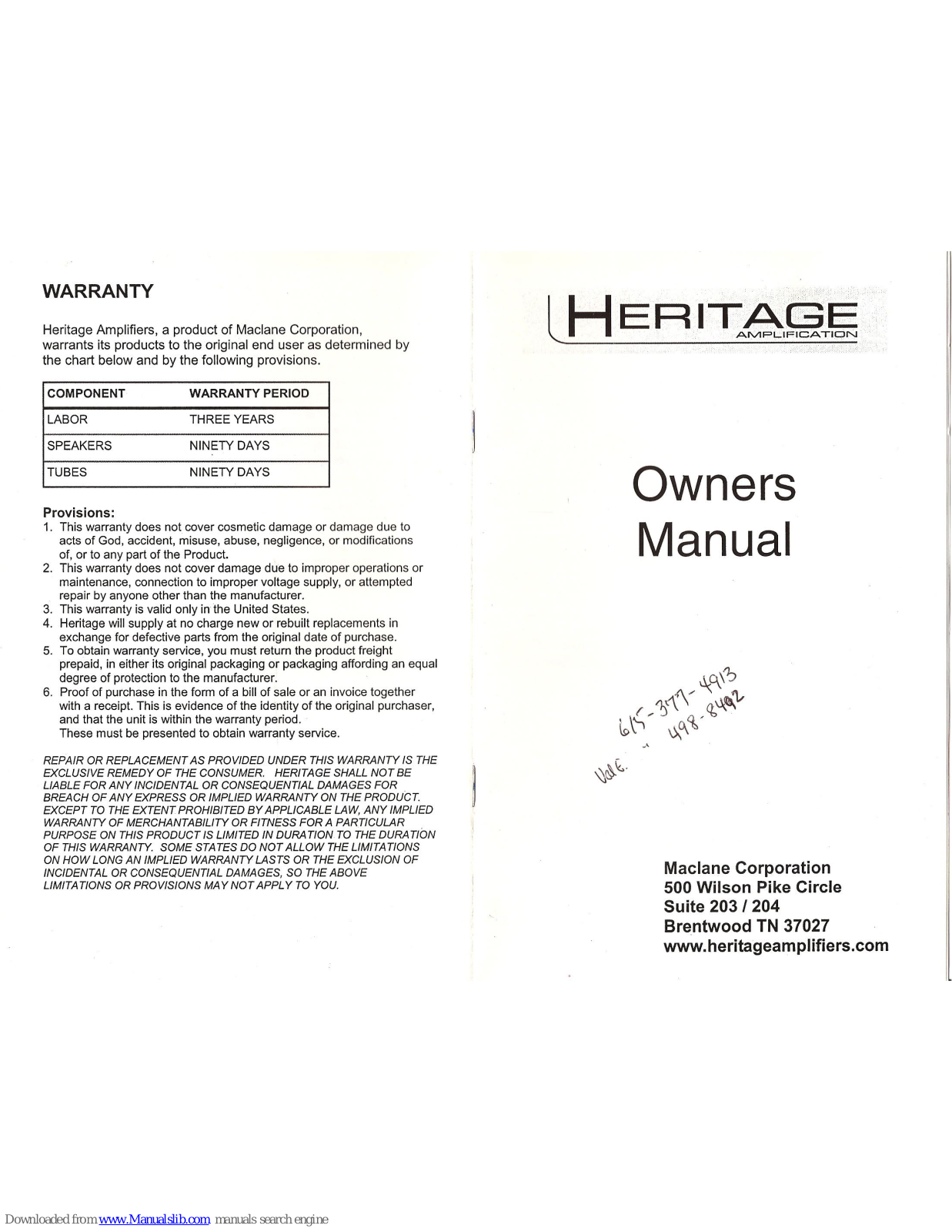 Heritage The Kenny Burrell, The Freedom, The Liberty, The Victory, The Briton Owner's Manual