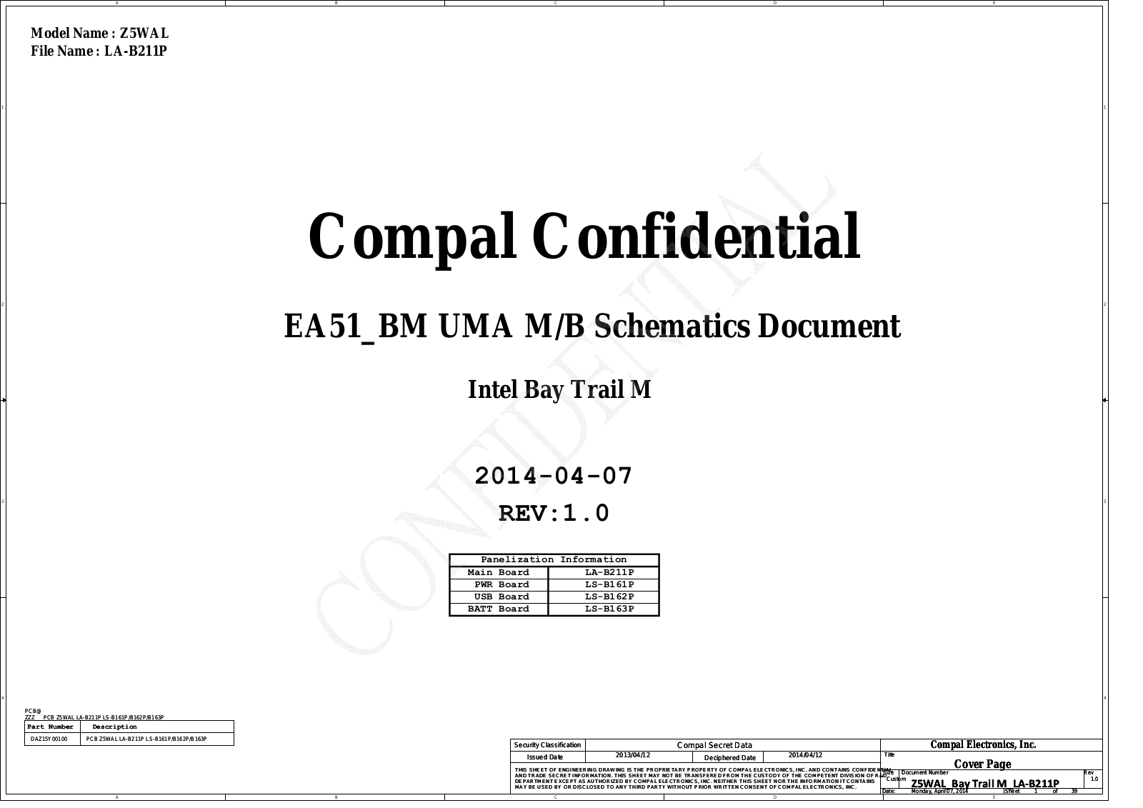 Compal LA-B211P Z5WAL EA51_BM UMA, Aspire E5-511, Aspire E5-511P, Extensa 2509 Schematic