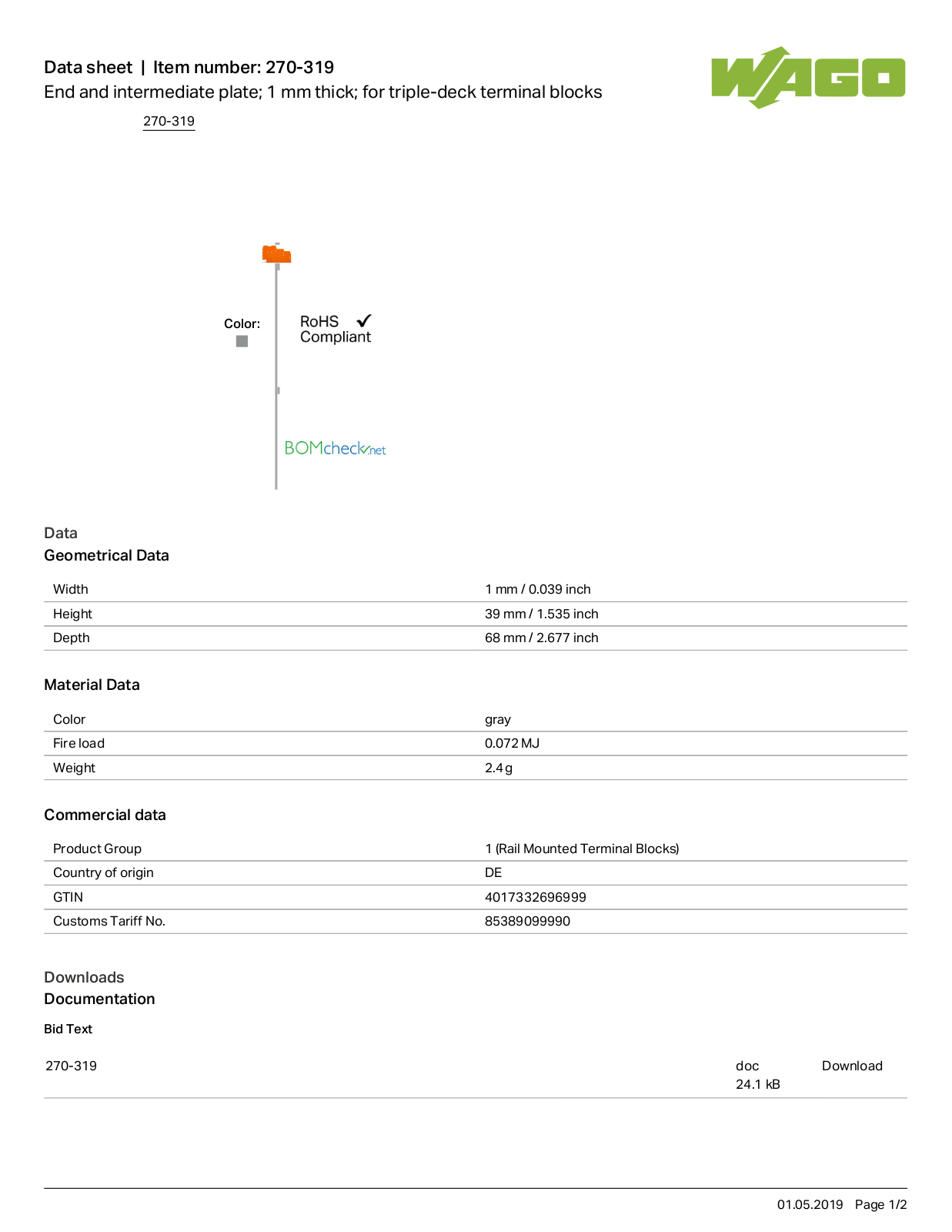 Wago 270-319 Data Sheet