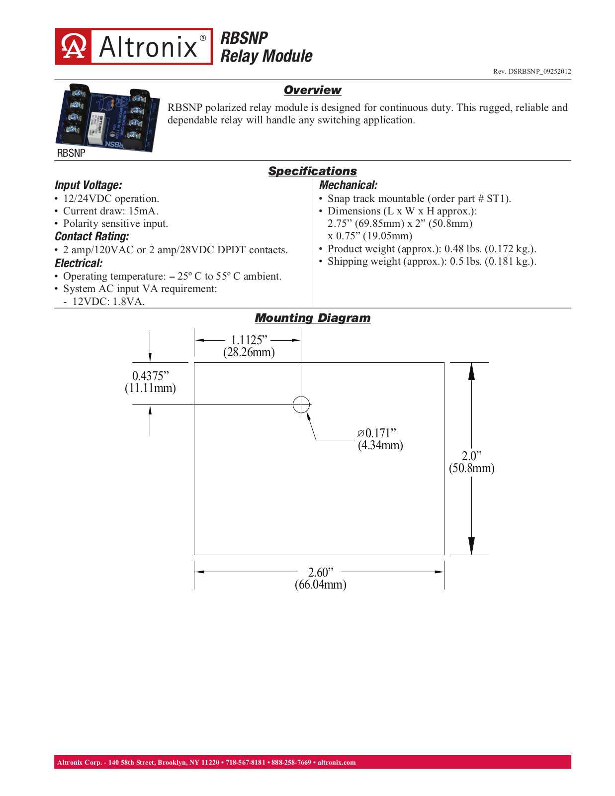 Altronix RBSNP Data Sheet