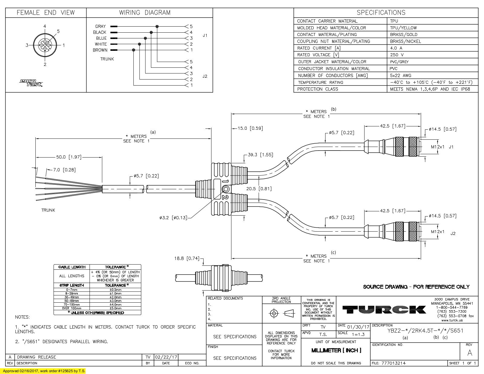 Turck YBZ2-13/2RK4.5T-1/1/S651 Specification Sheet