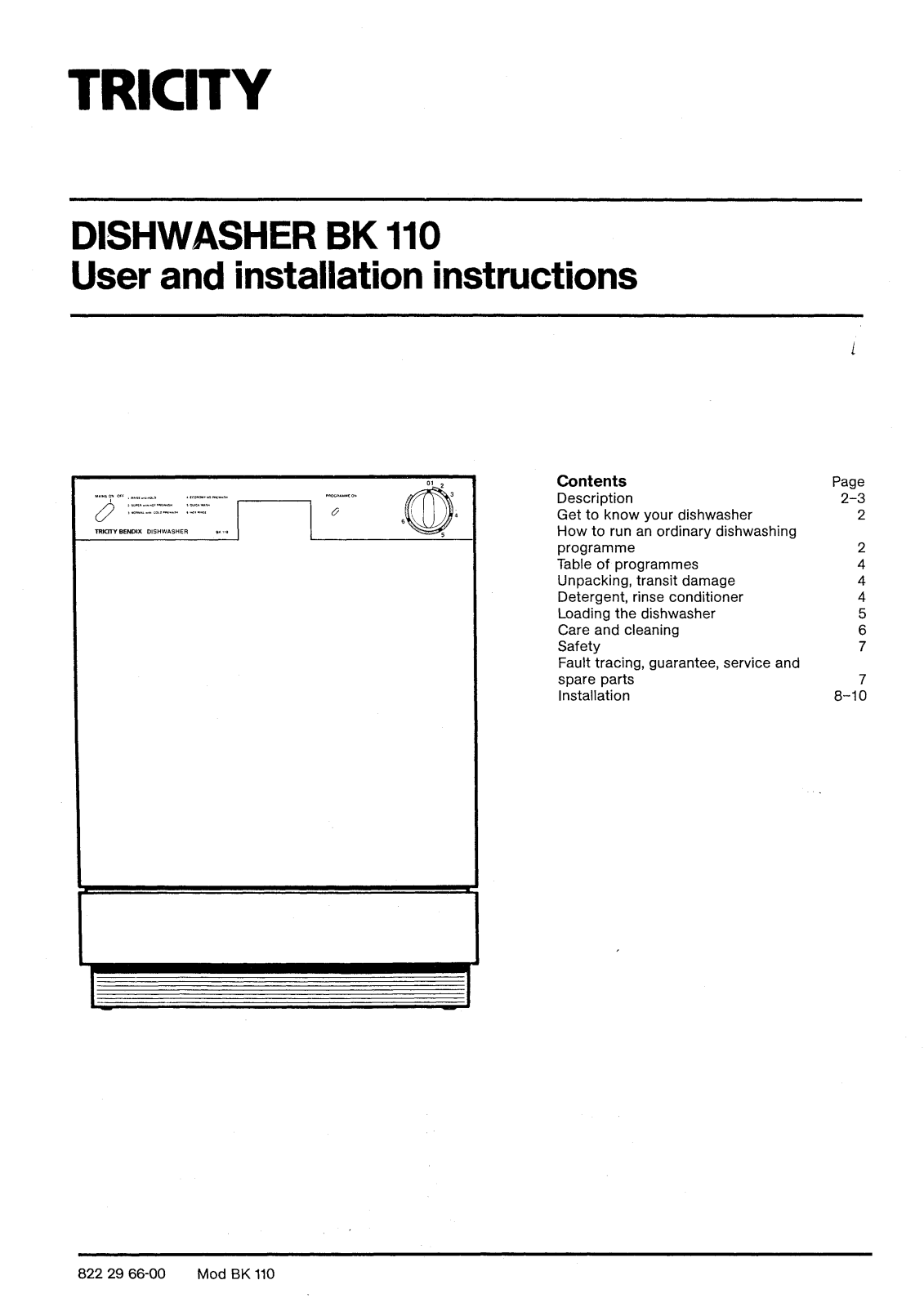 TRICITY BENDIX BK111W, BK111B User Manual