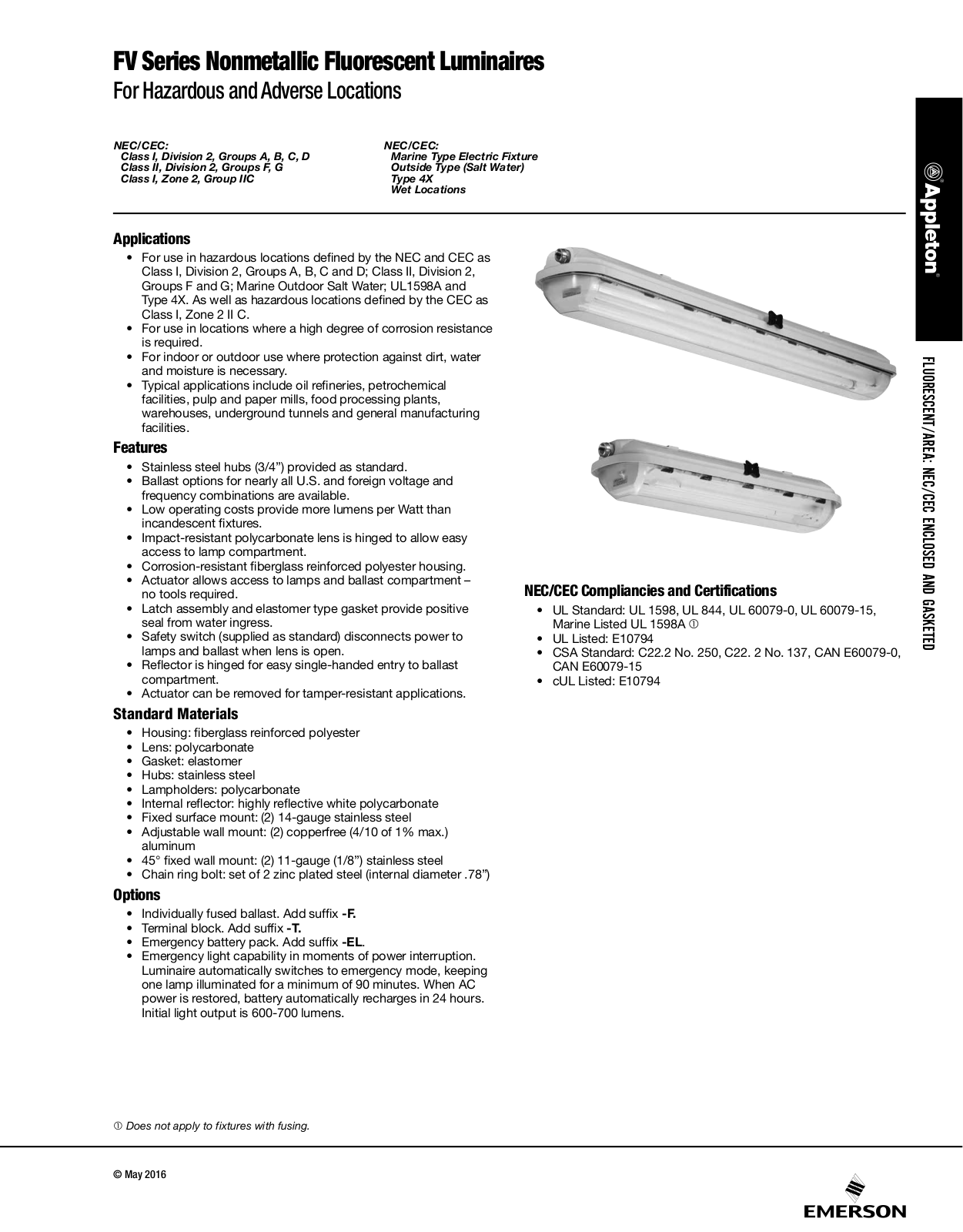 Appleton FV Series Nonmetallic Fluorescent Luminaires Catalog Page