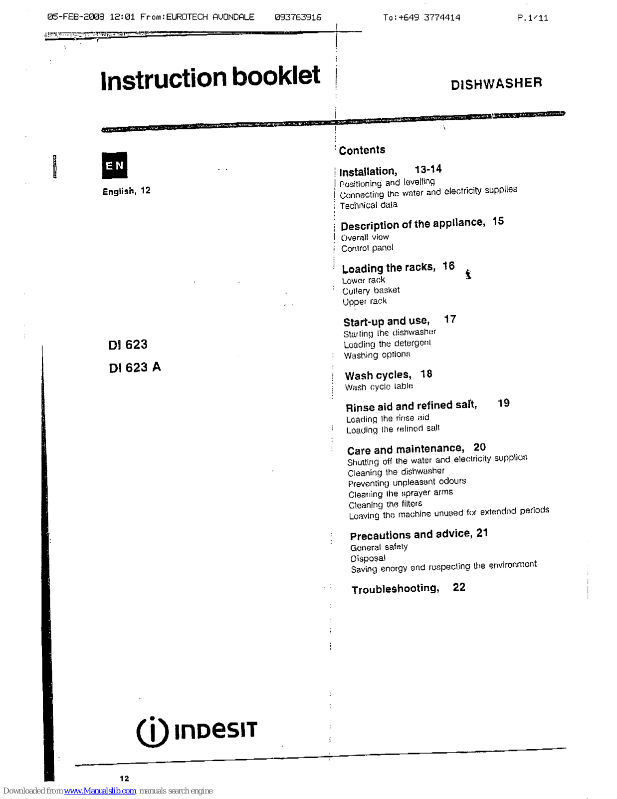 Indesit DI 623 Instruction Booklet