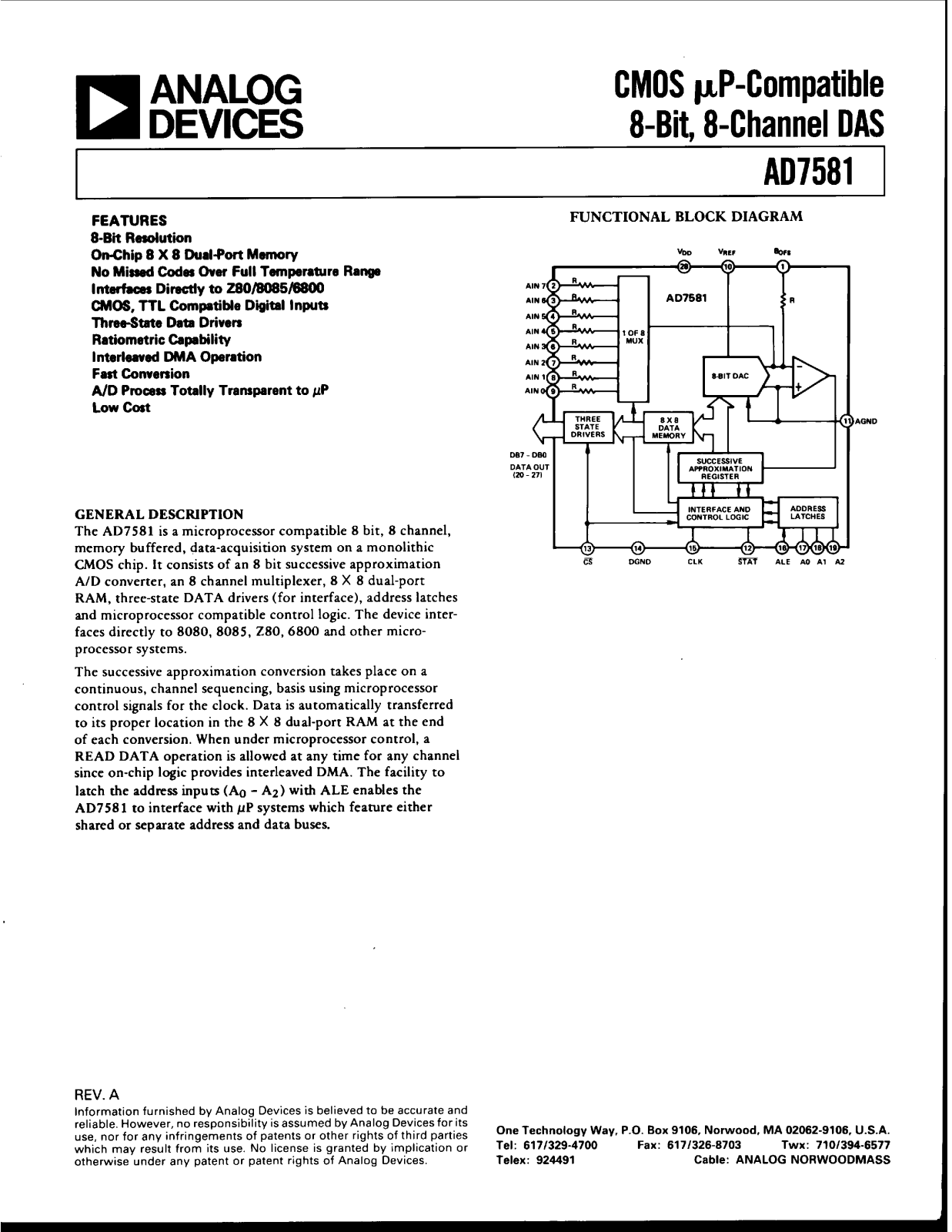 Analog Devices AD7581JN, AD7581CQ, AD7581BQ, AD7581AQ, AD7581LN Datasheet