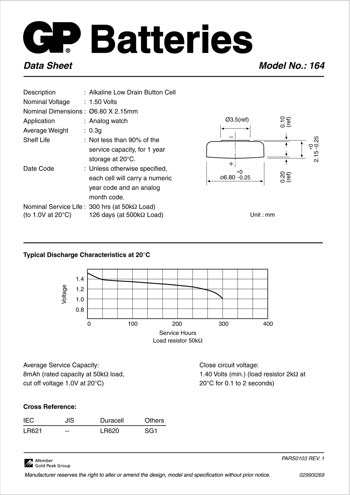 Gp batteries GP164 DATASHEET