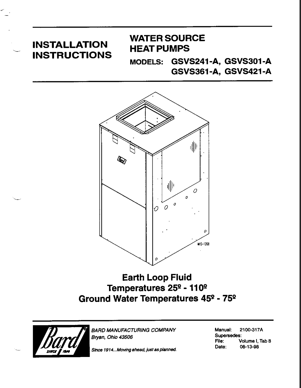 Bard GSVS241-A, GSVS361-A, GSVS421-A, GSVS301-A User Manual