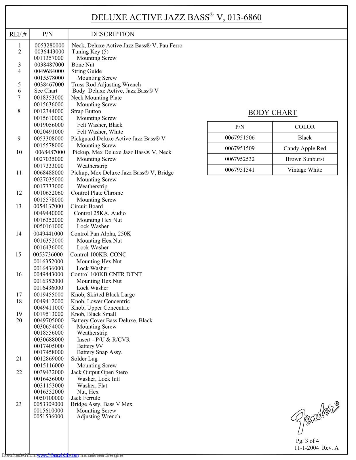 Fender Deluxe Active Jazz Bass V, 013-6860 Parts List