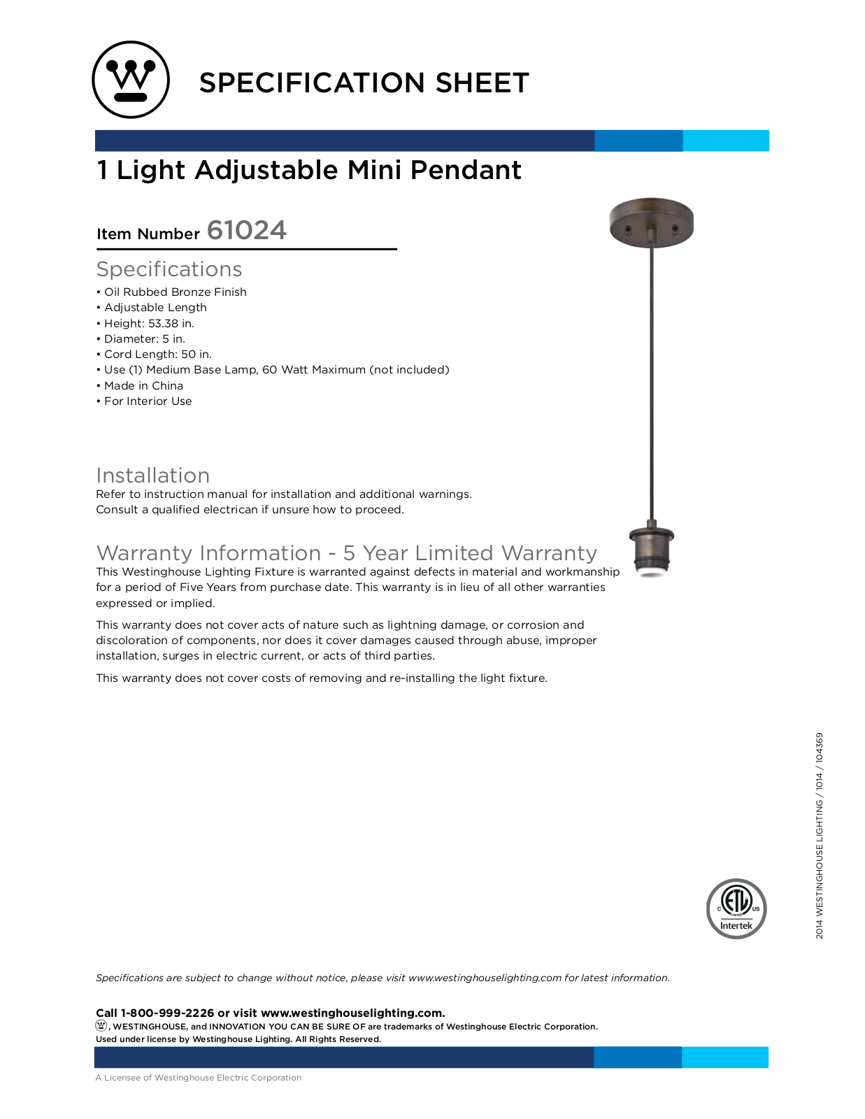 Westinghouse 6102400 Specification