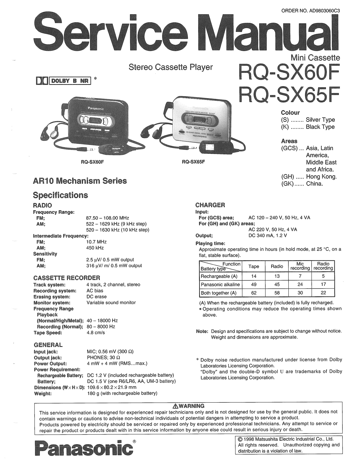 Panasonic RQ-SX-60F, RQ-SX-65F Service Manual