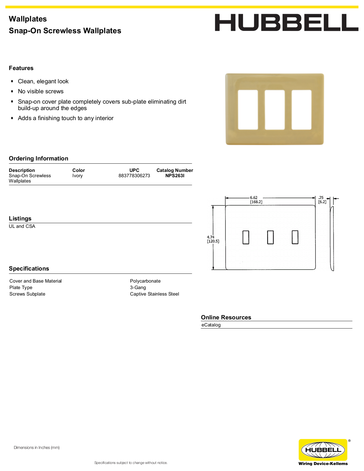 Hubbell NPS263I Specifications