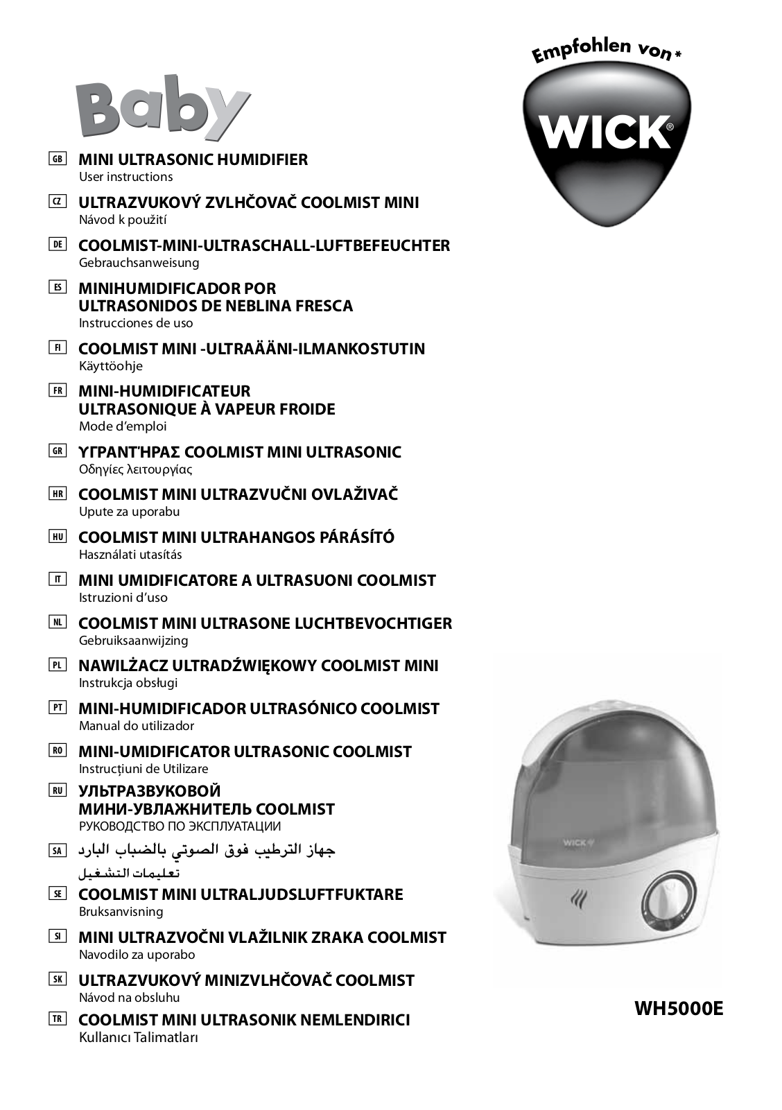 Wick MINI ULTRASONIC HUMIDIFIER User instructions