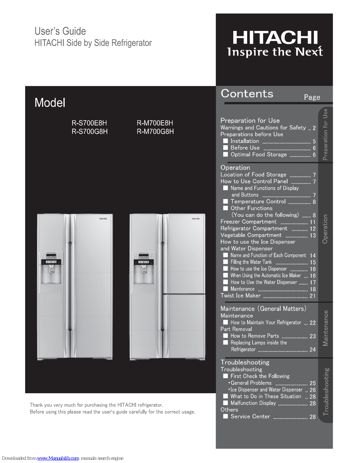 Hitachi R-S700E8H, R-S700G8H, R-M700E8H, R-M700G8H User Manual