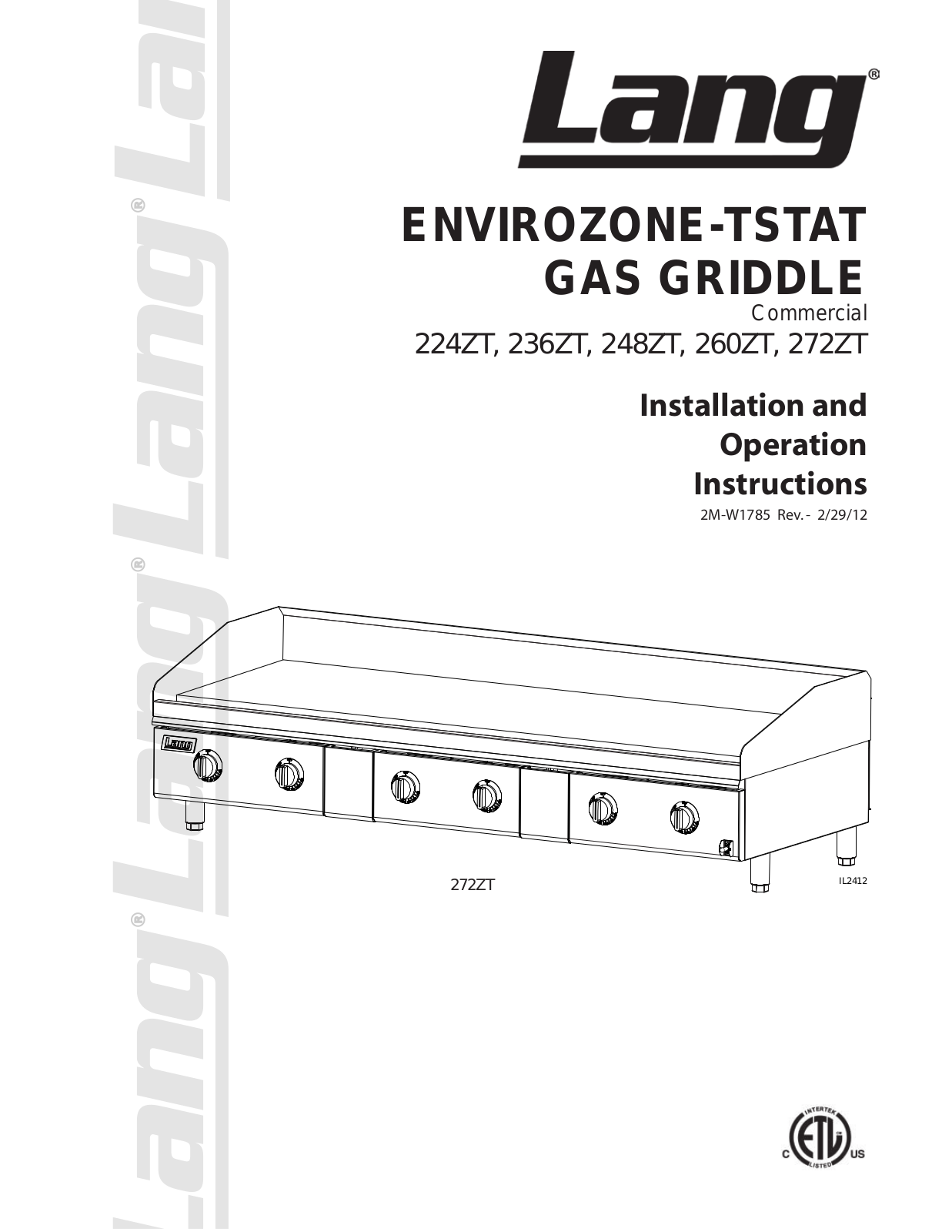 Lang 236ZT, 248ZT, 260ZT Operation Manual