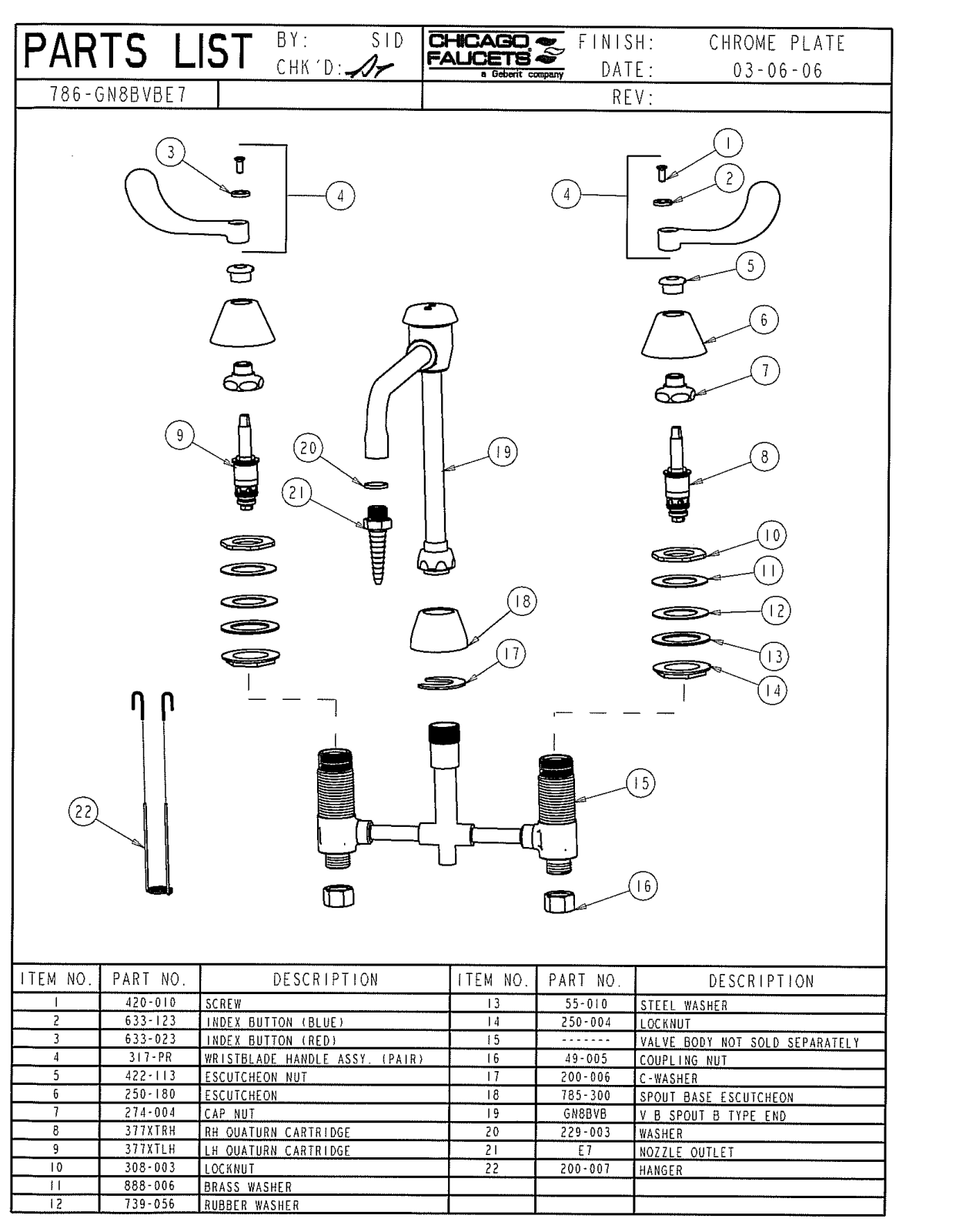 Chicago Faucet 786-GN8BVBE7CP Parts List