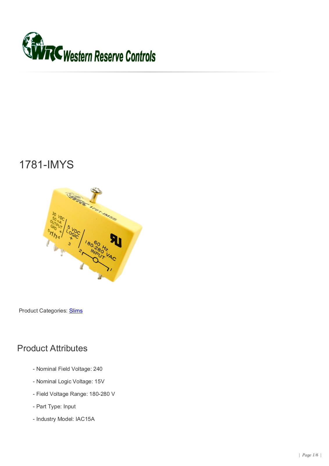 Western Reserve Controls 1781-IMYS Data Sheet