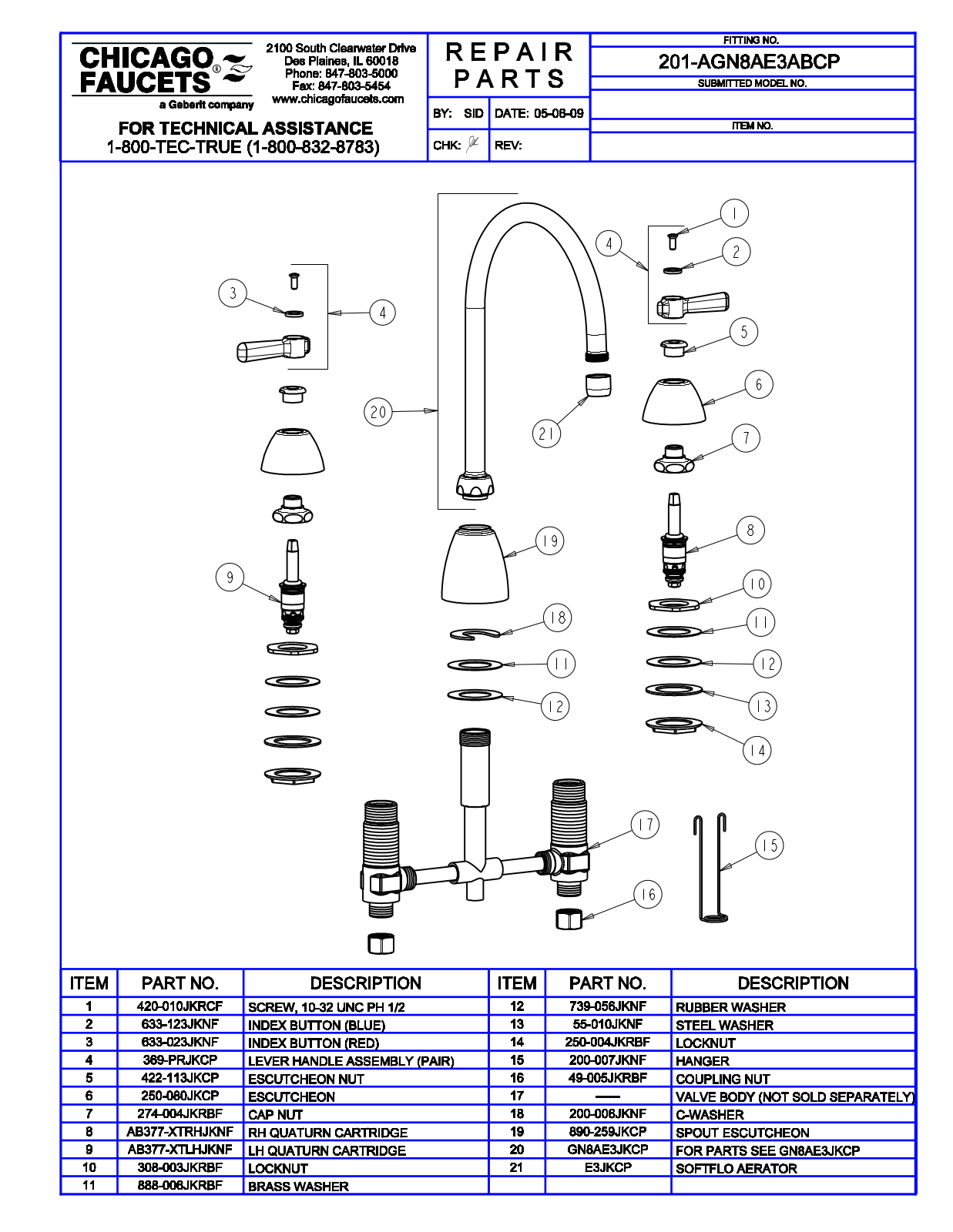 Chicago Faucet 201-AGN8AE3AB Parts List