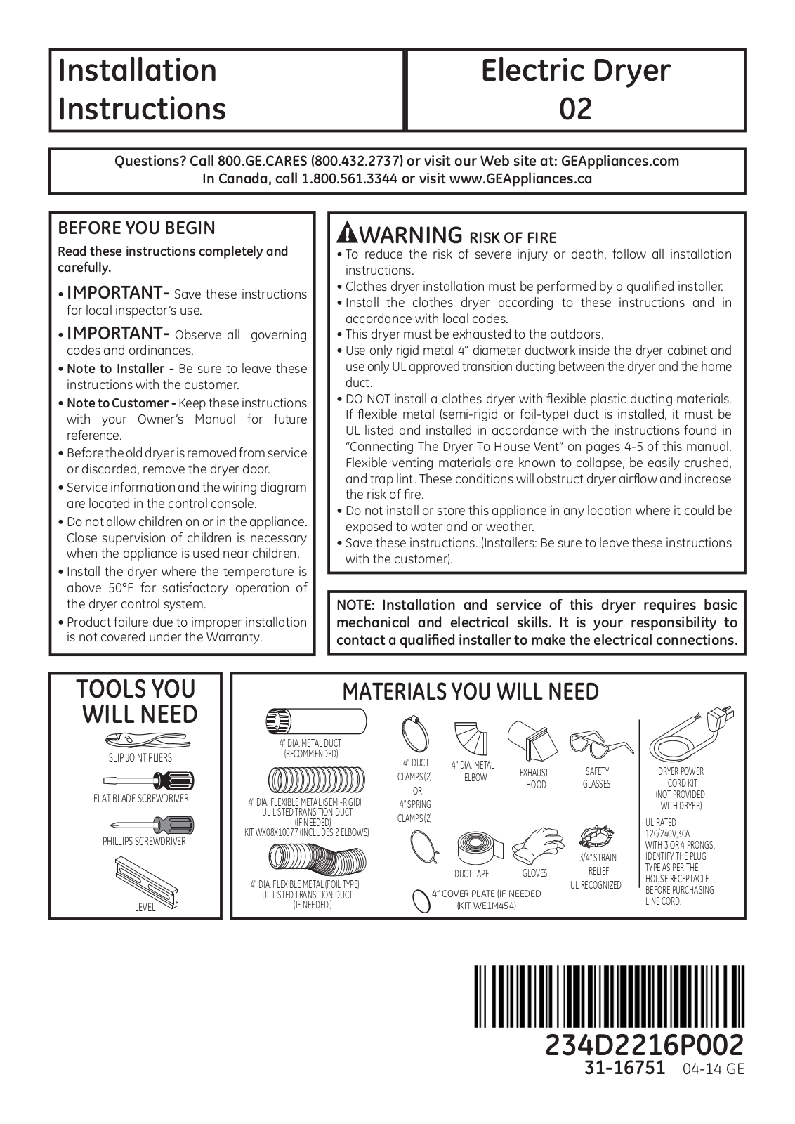 GE GTDL210EDWW User Manual