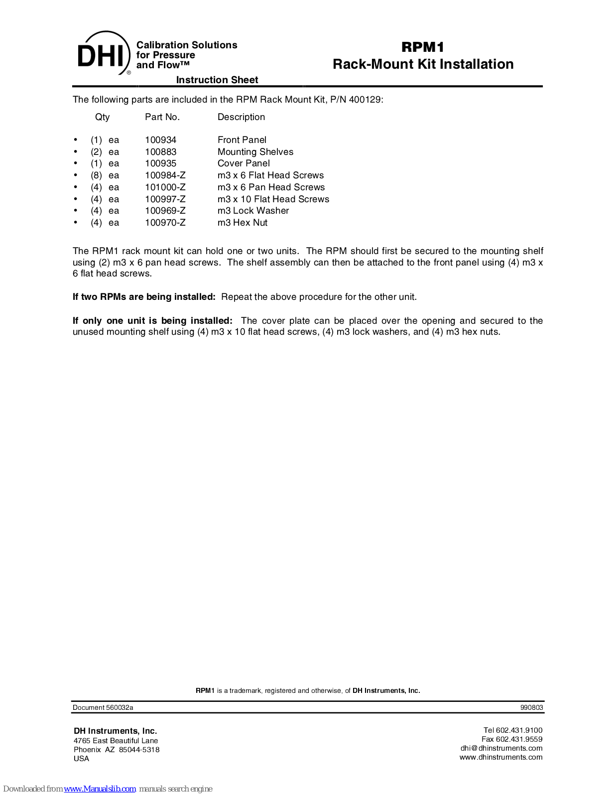 DH Instruments RPM1 - RACK MOUNT KIT, RPM1, 400129 Installation Instructions Manual - ManualMachine.com