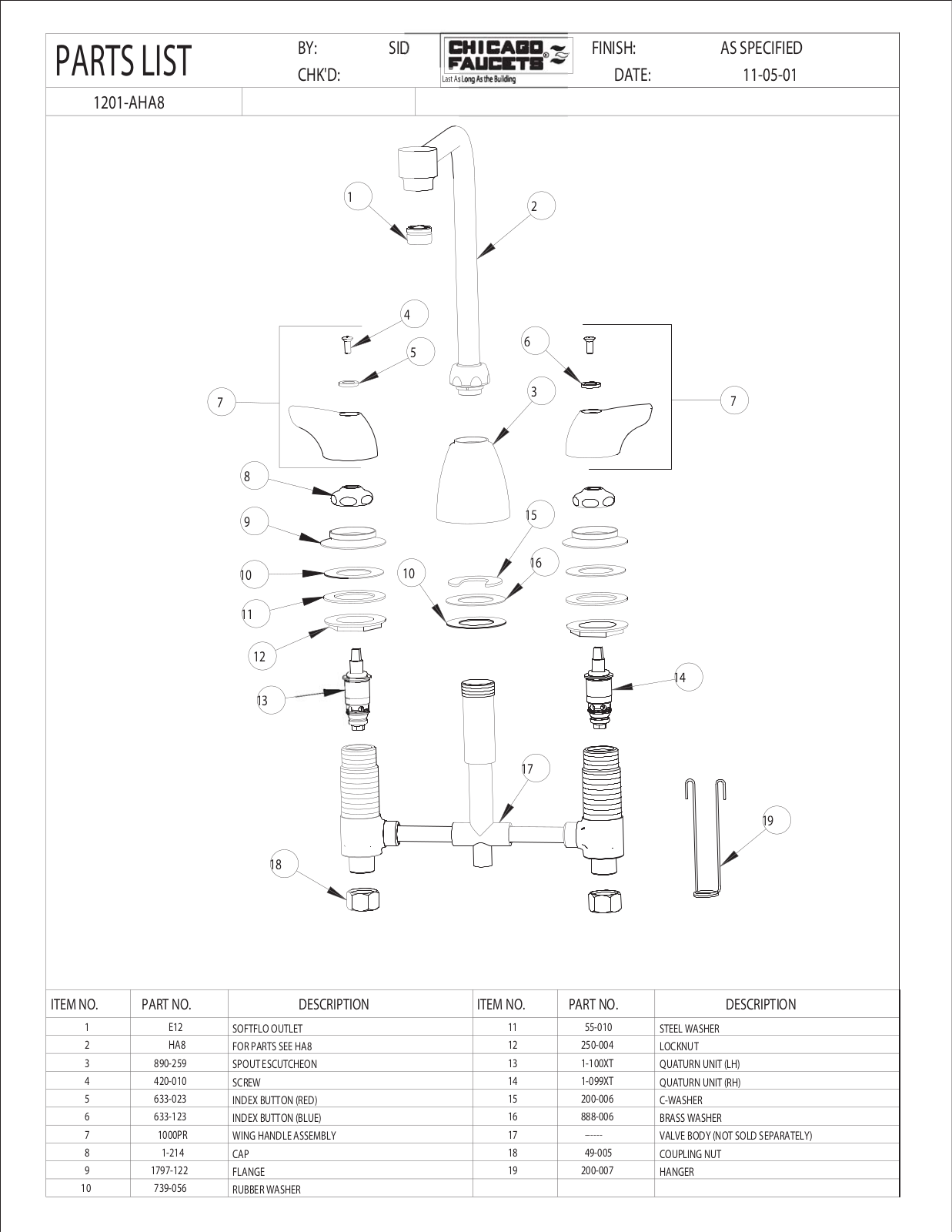 Chicago Faucet 1201-AHA8 Parts List