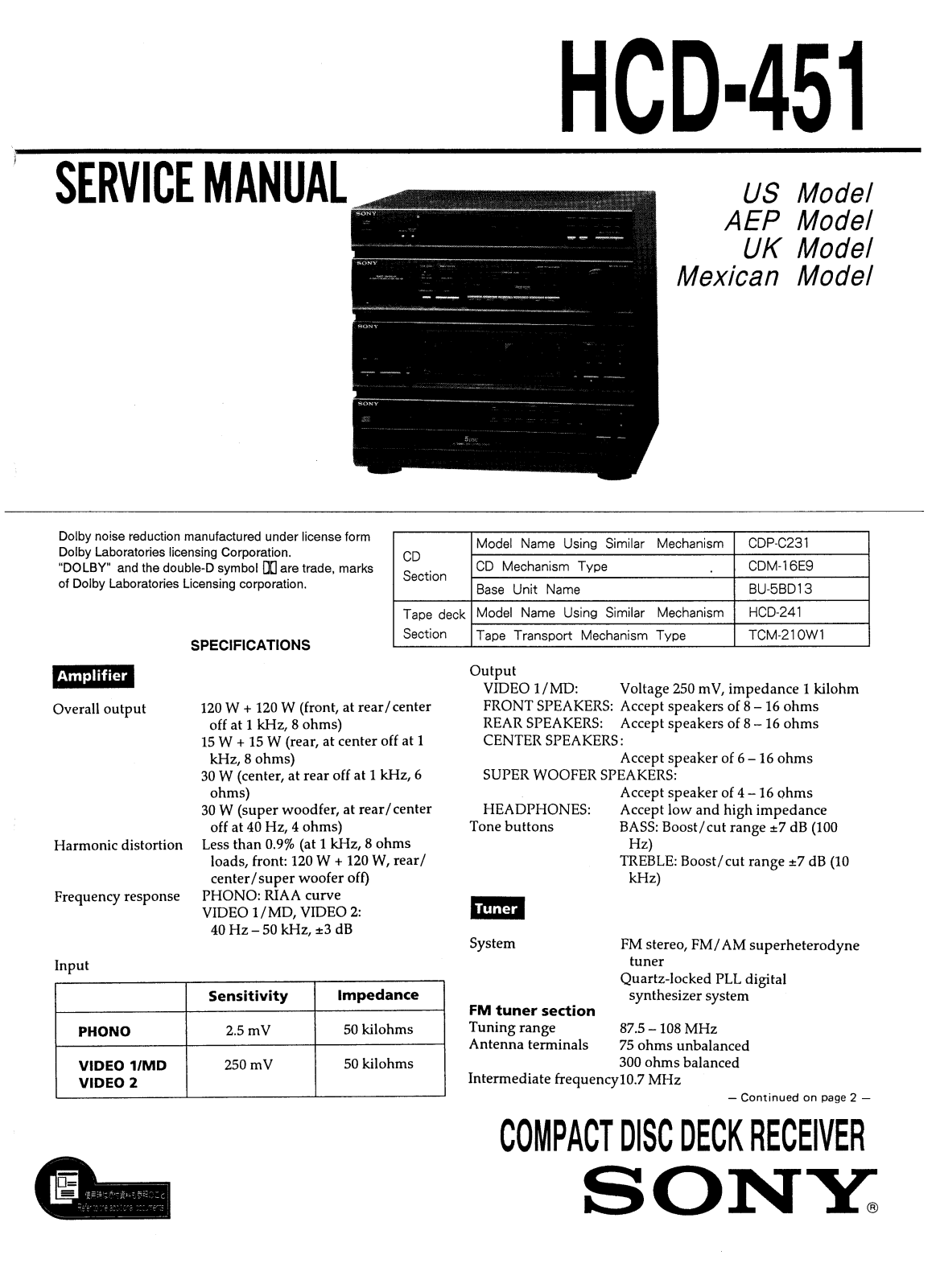 Sony HCD-451 Service manual