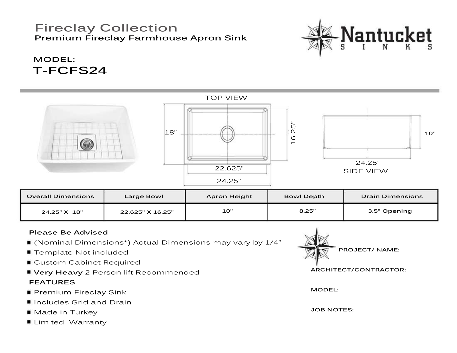 Nantucket Sinks TFCFS24 Specs