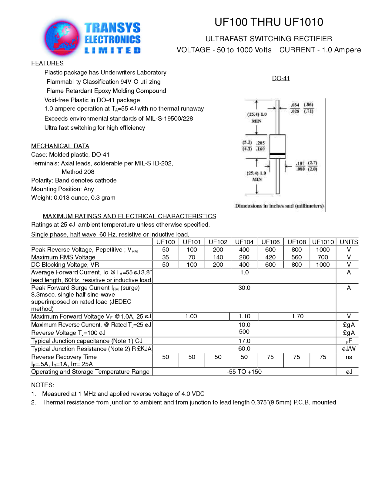 TEL UF106, UF108, UF101, UF102, UF104 Datasheet