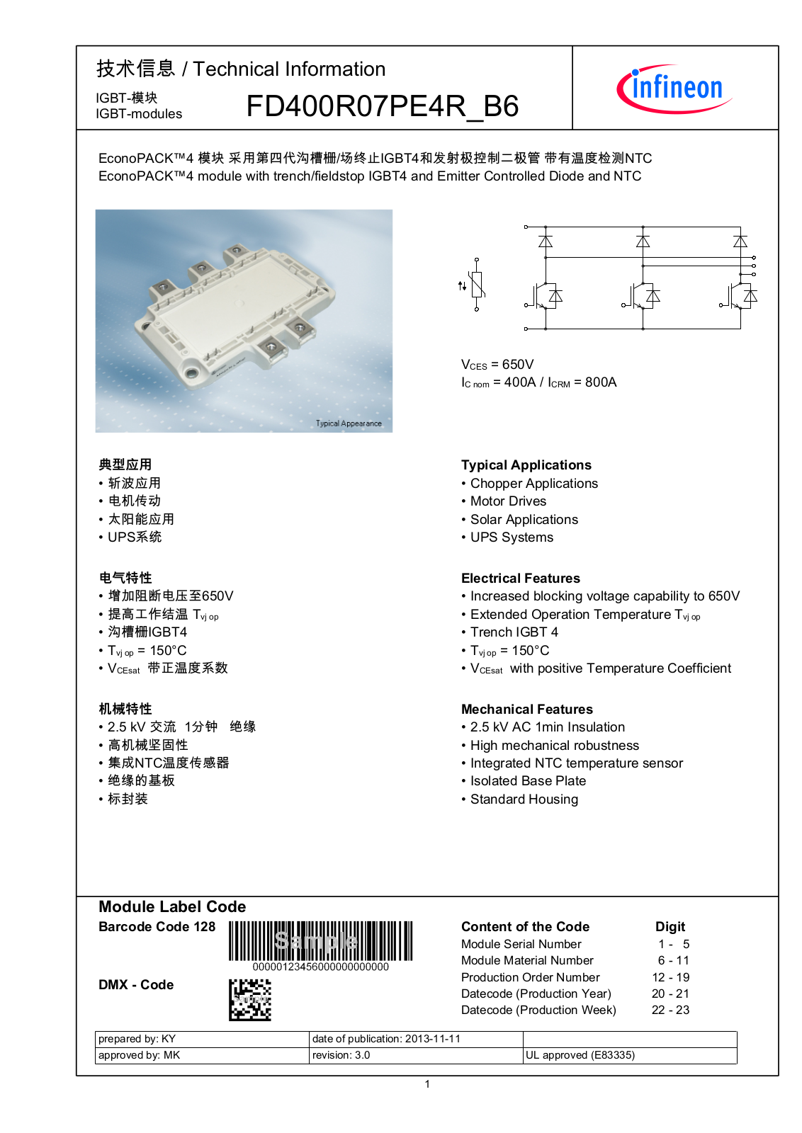 Infineon FD400R07PE4R_B6 Data Sheet