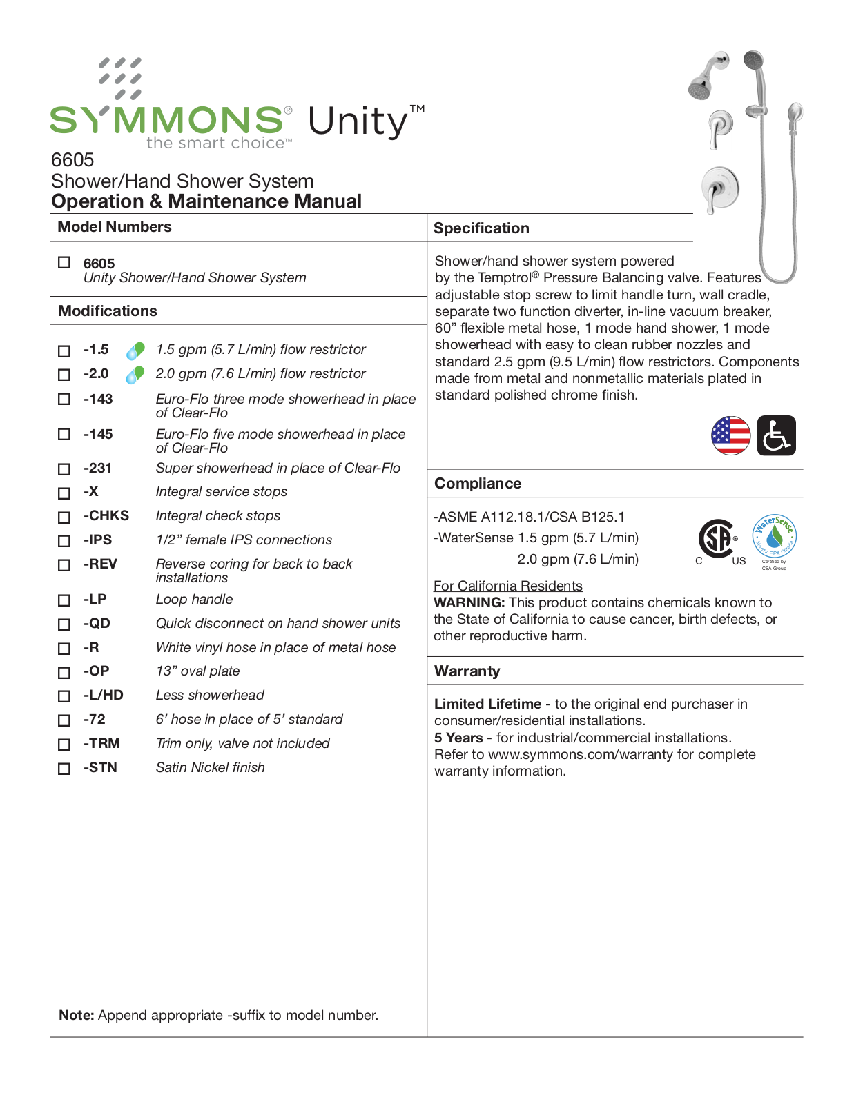 Symmons Unity 6605 Operation & Maintenance Manual