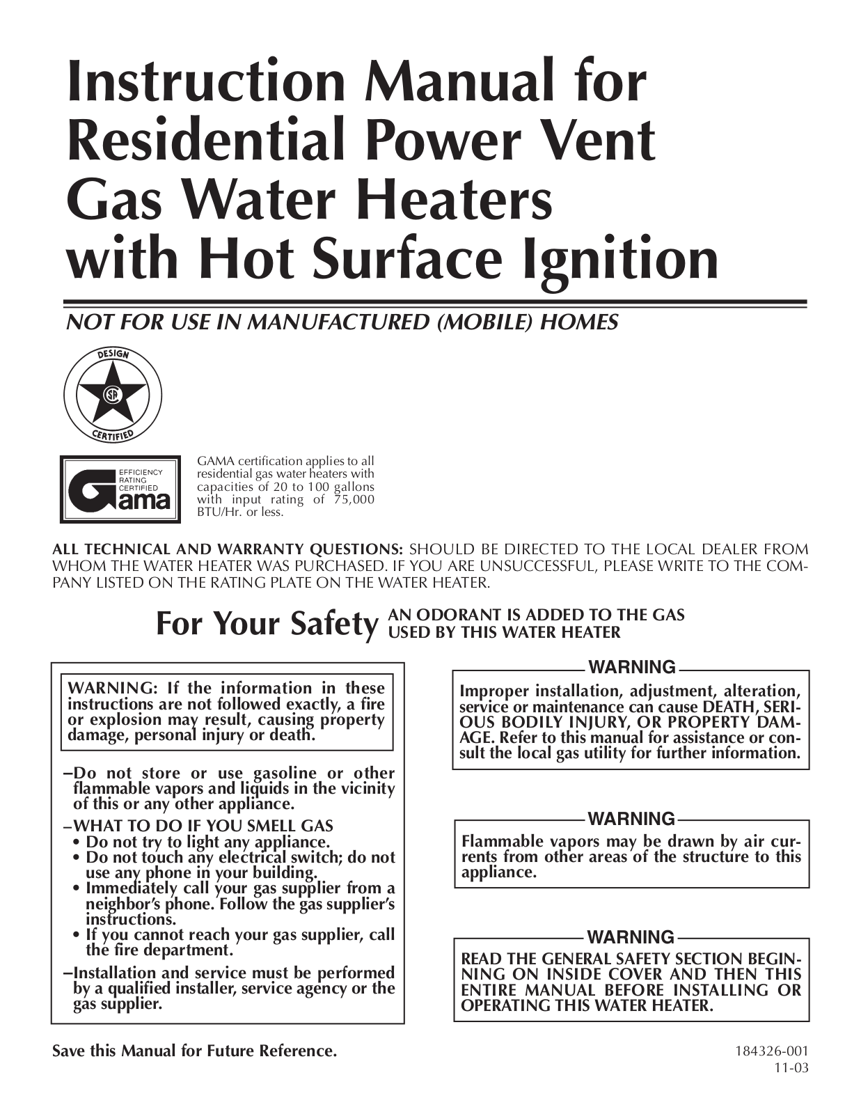 A.O. Smith Residential Power Vent Gas Water Heaters User Manual