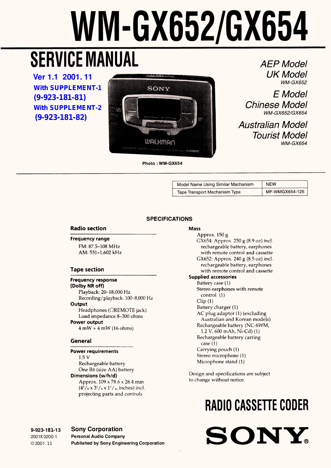 Sony WMGX-652 Service manual