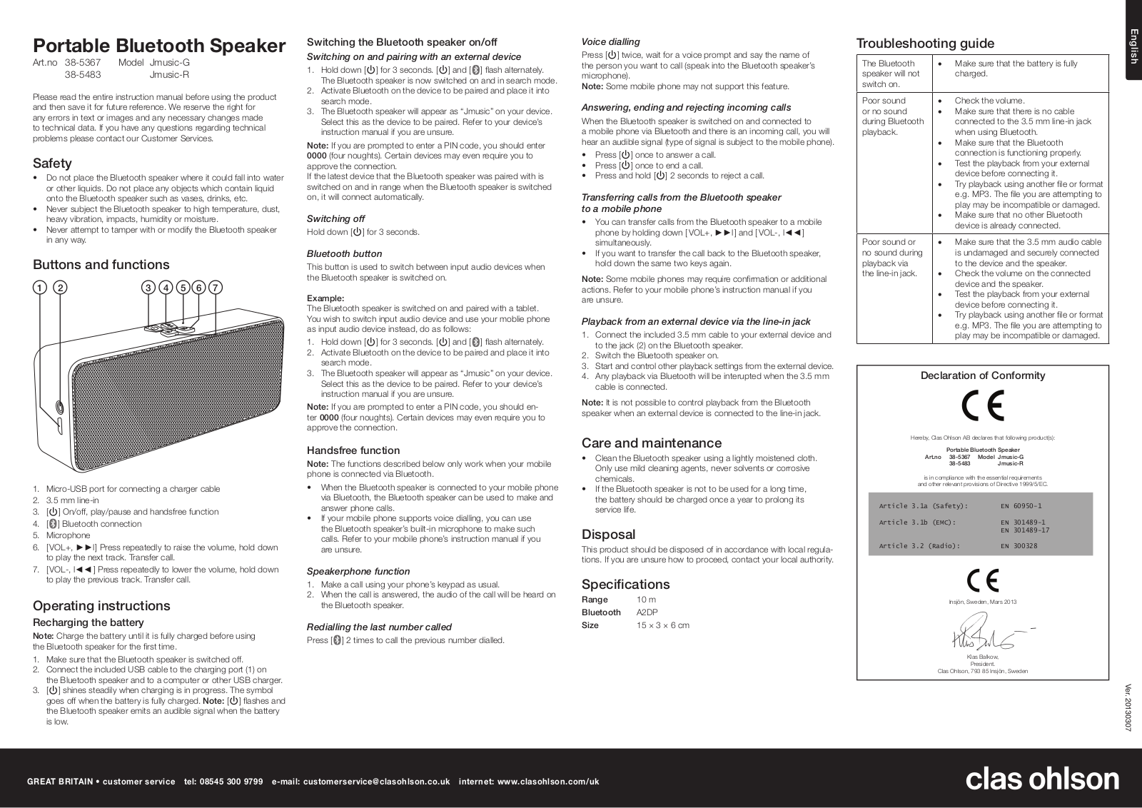 Clas Ohlson Jmusic-G, Jmusic-R Operating Instructions Manual