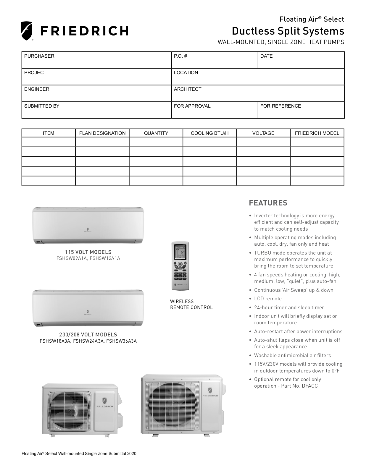 Friedrich FSHW243 Submittal Sheet