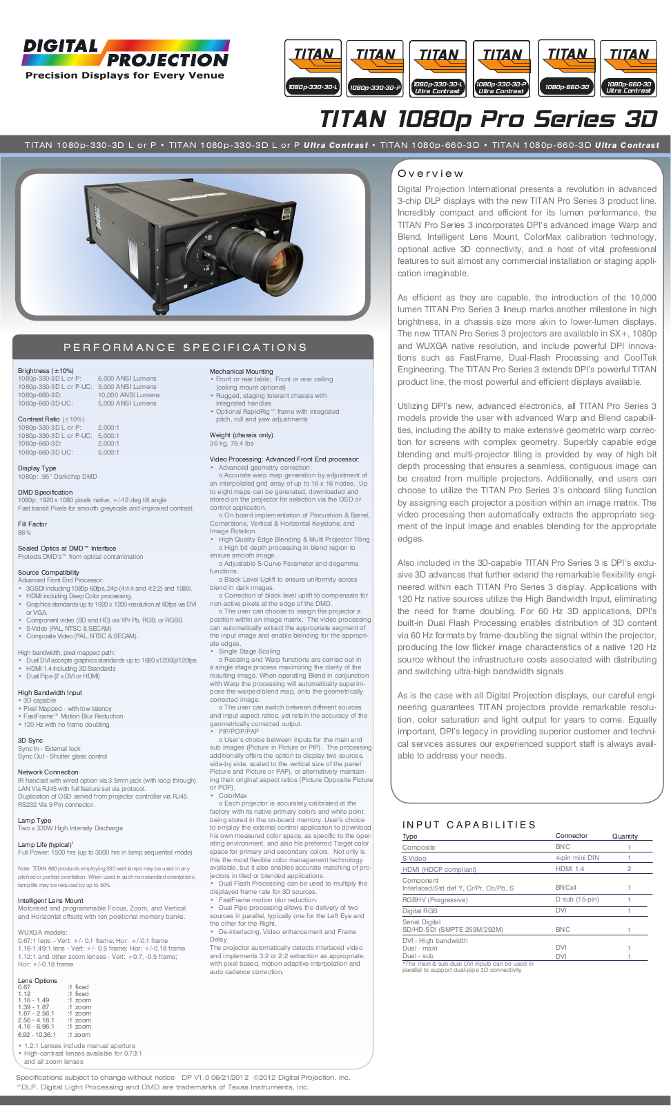 Digital Projection TITAN 1080p 330 3D L, TITAN 1080p 330 3D L Ultra Contrast, TITAN 1080p 330 3D P, TITAN 1080p 330 3D P Ultra Contrast, TITAN 1080p 660 3D Product Sheet