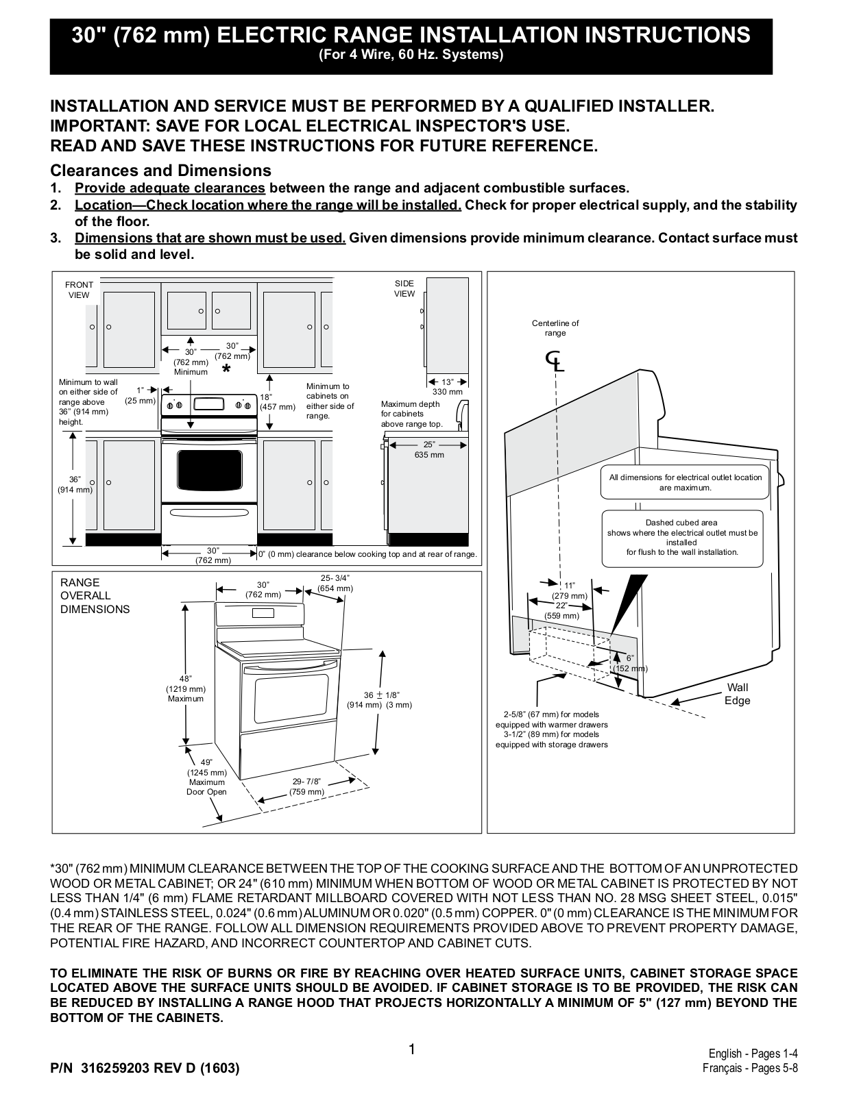 Frigidaire FFEF3016TS Installation Guide