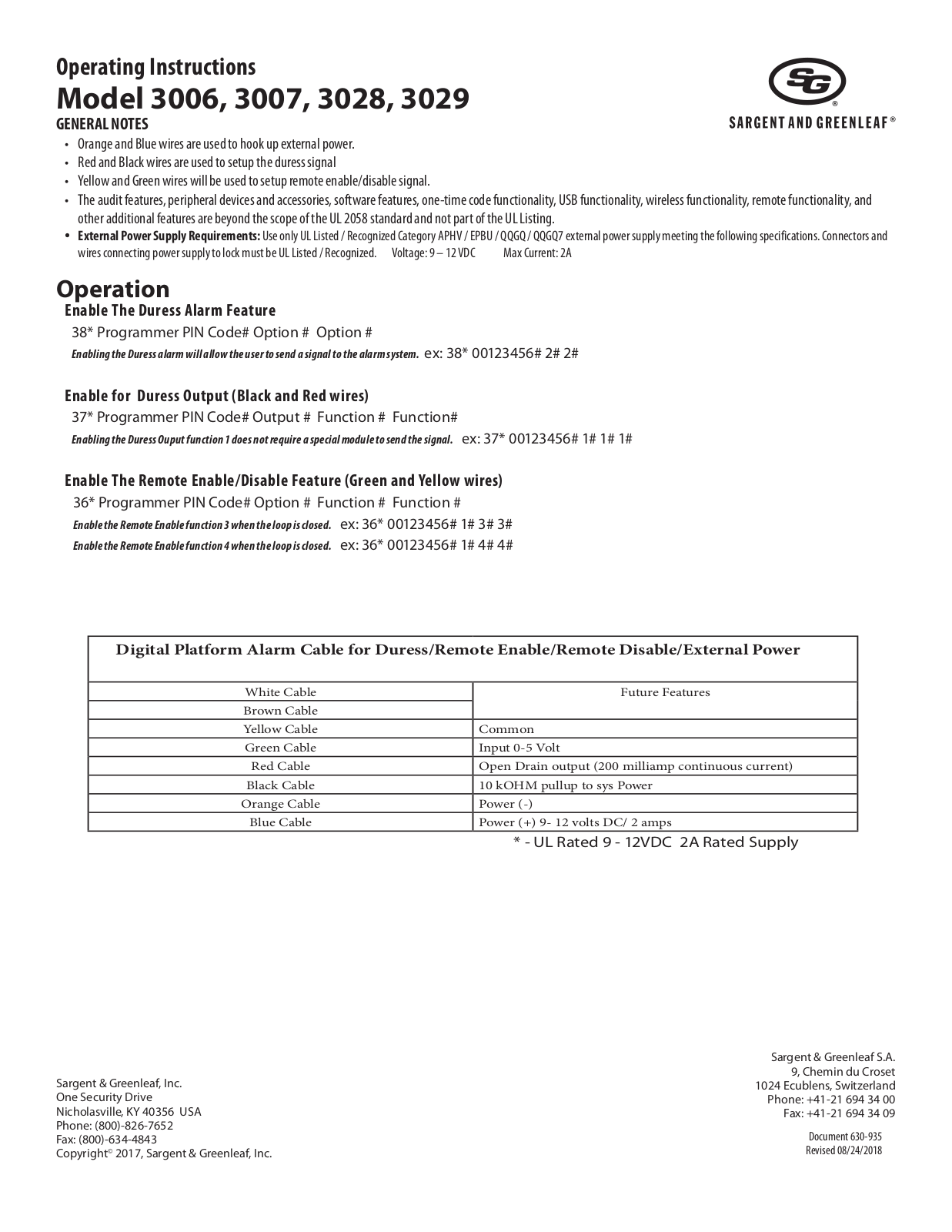 Sargent and Greenleaf 3028,3006,3007,3029 Operating Instructions Manual