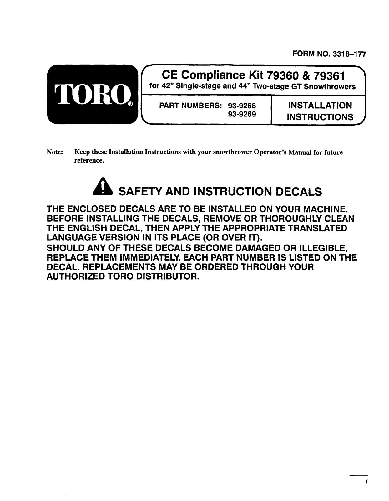 Toro 93-9268, 93-9269 Installation Instructions