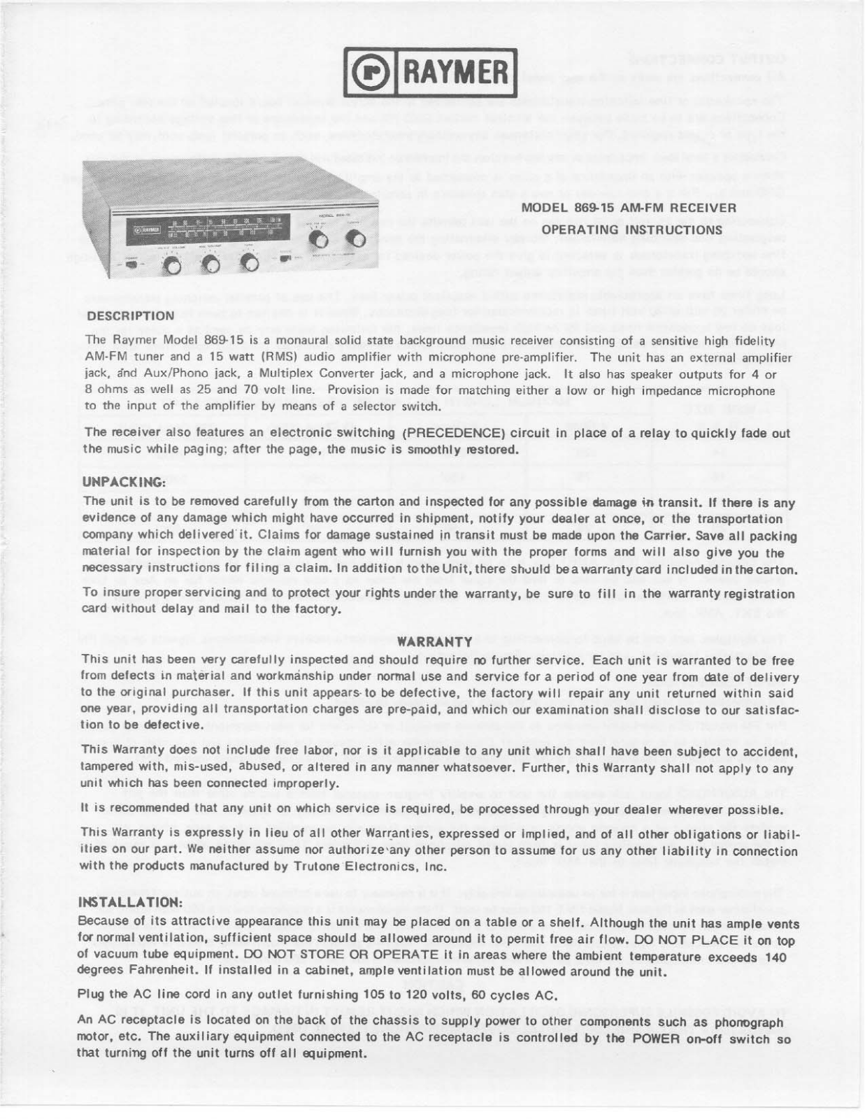 Telex 869-15 User Manual