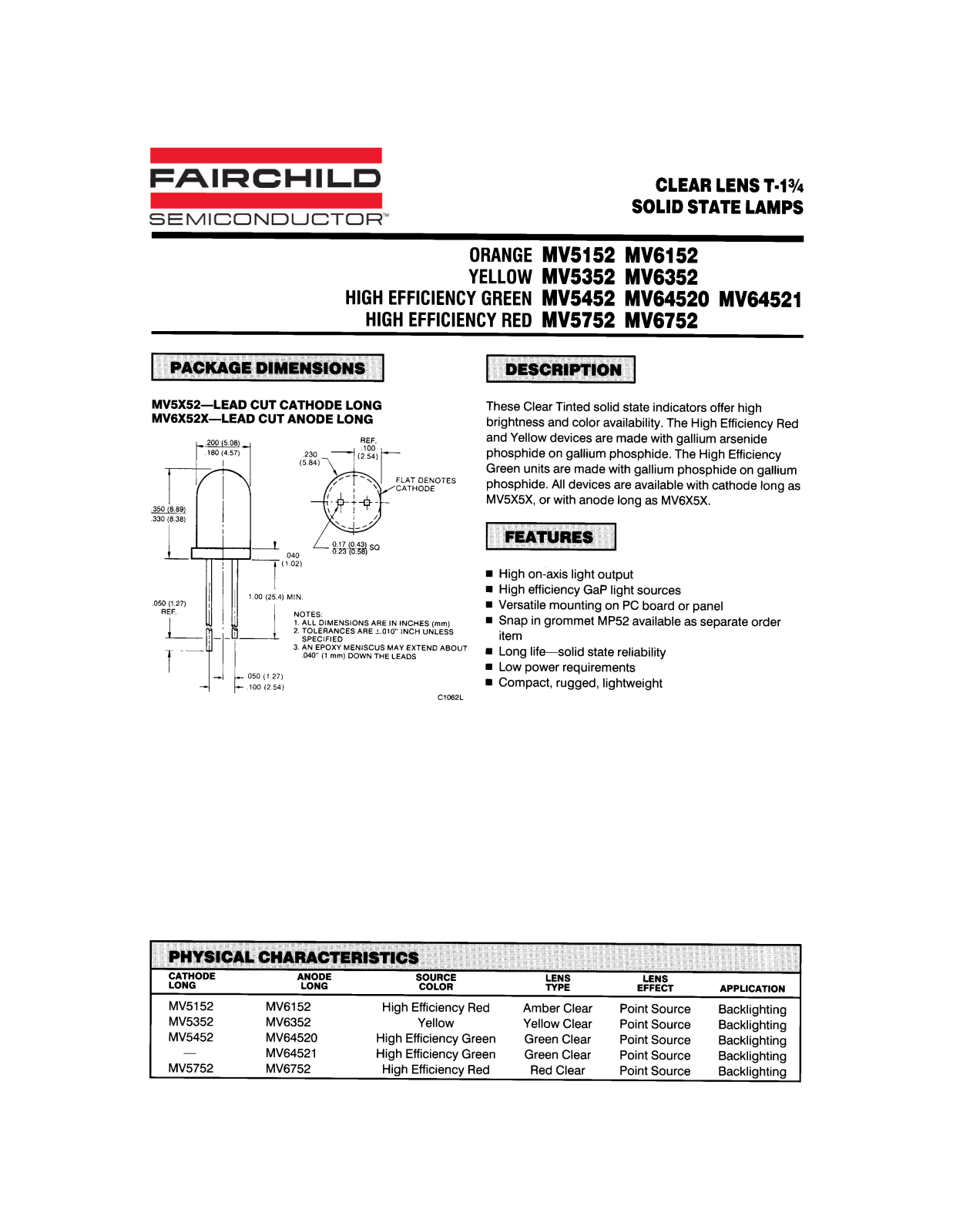 Fairchild Semiconductor MV5152, MV5452, MV6152, MV6352, MV64521 Datasheet