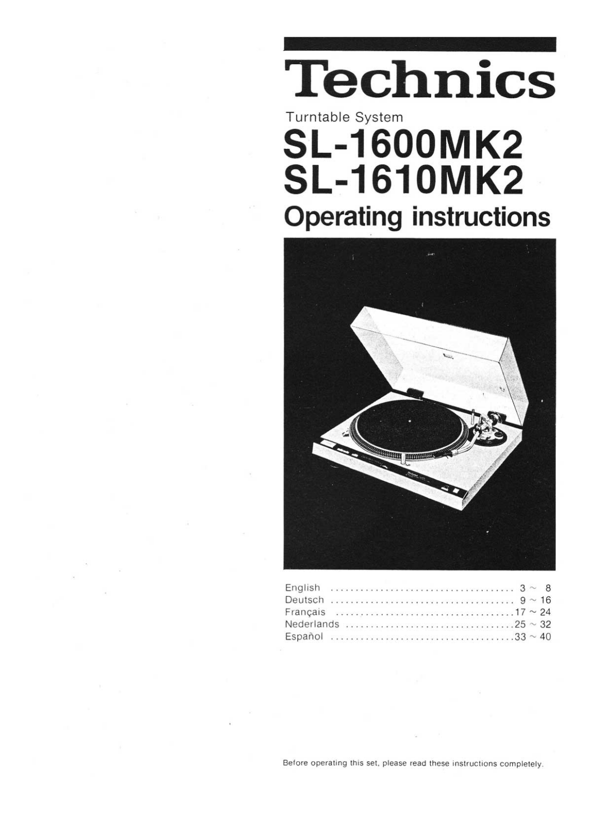 Technics SL-1600 Mk2, SL-1610 Mk2 Owners manual