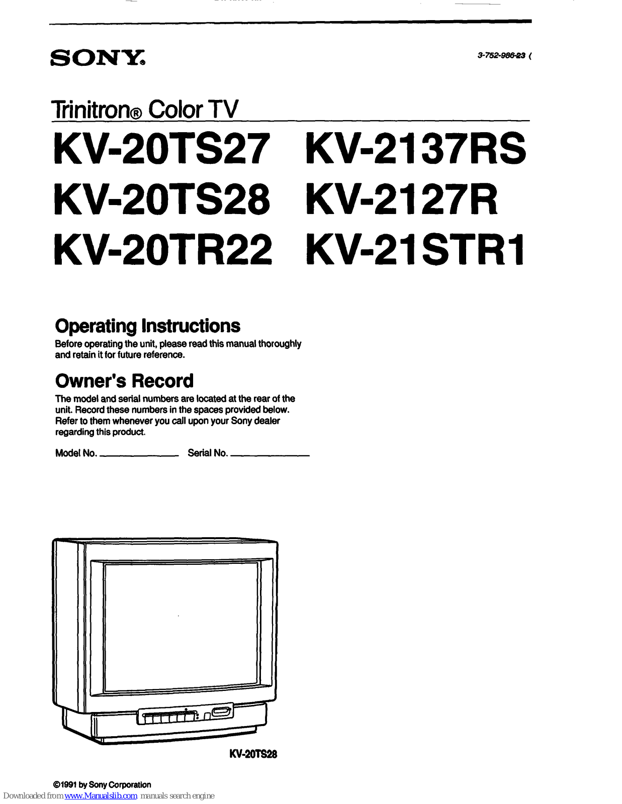 Sony KV-2137RS, KV-21STR1, KV-20TS28, KV-2127R, KV-20TR22 Operating Instructions Manual