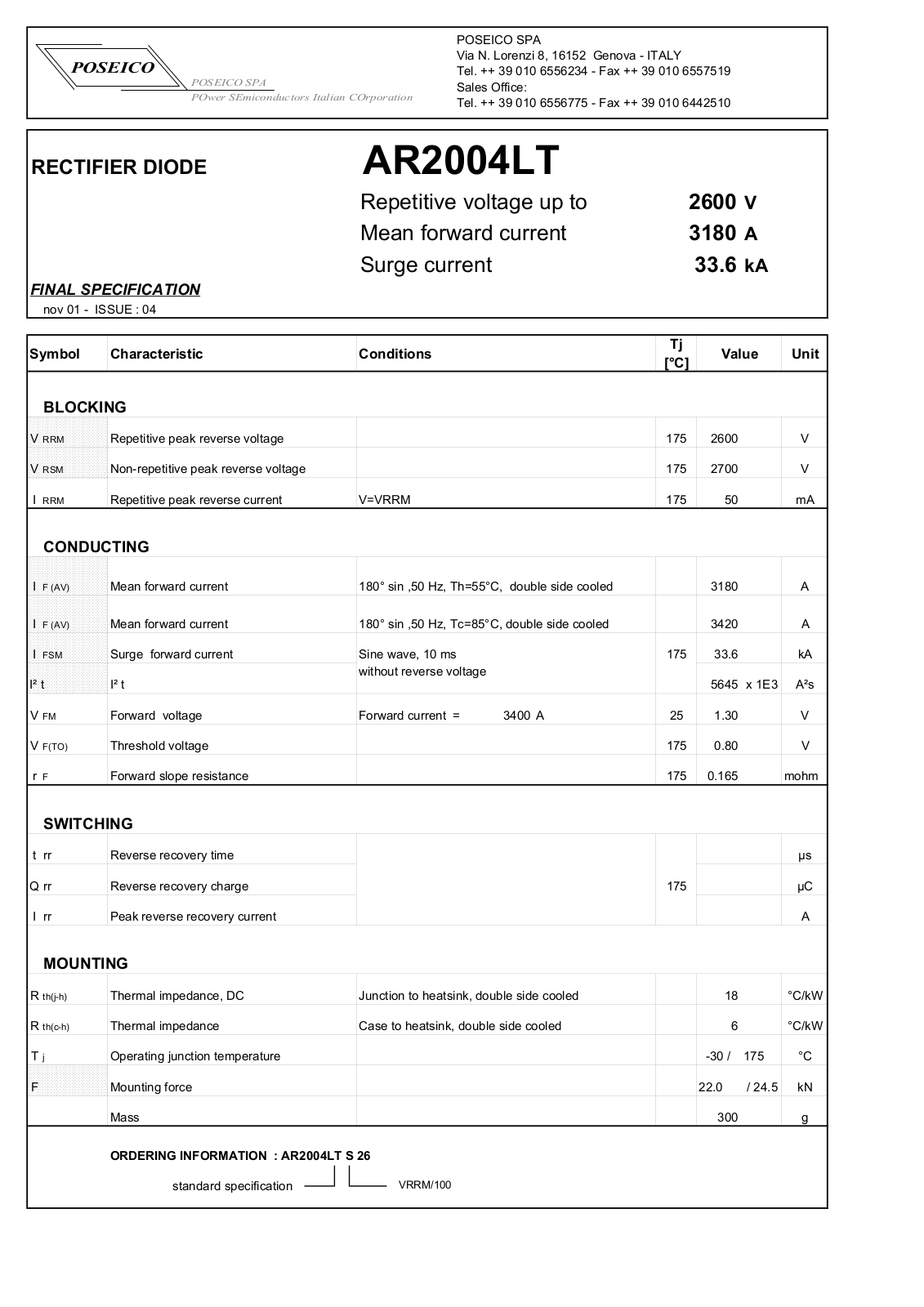 POSEICO AR2004LTS26 Datasheet