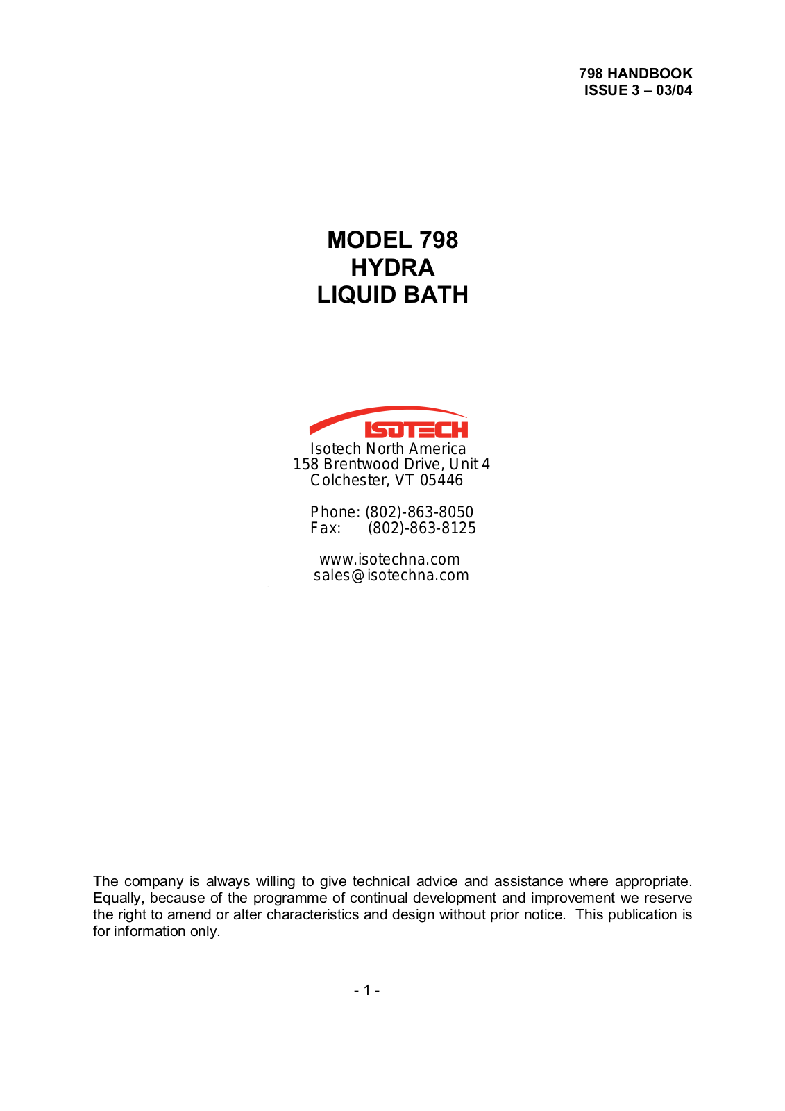 Isotech Hydra 798 Operating Manual