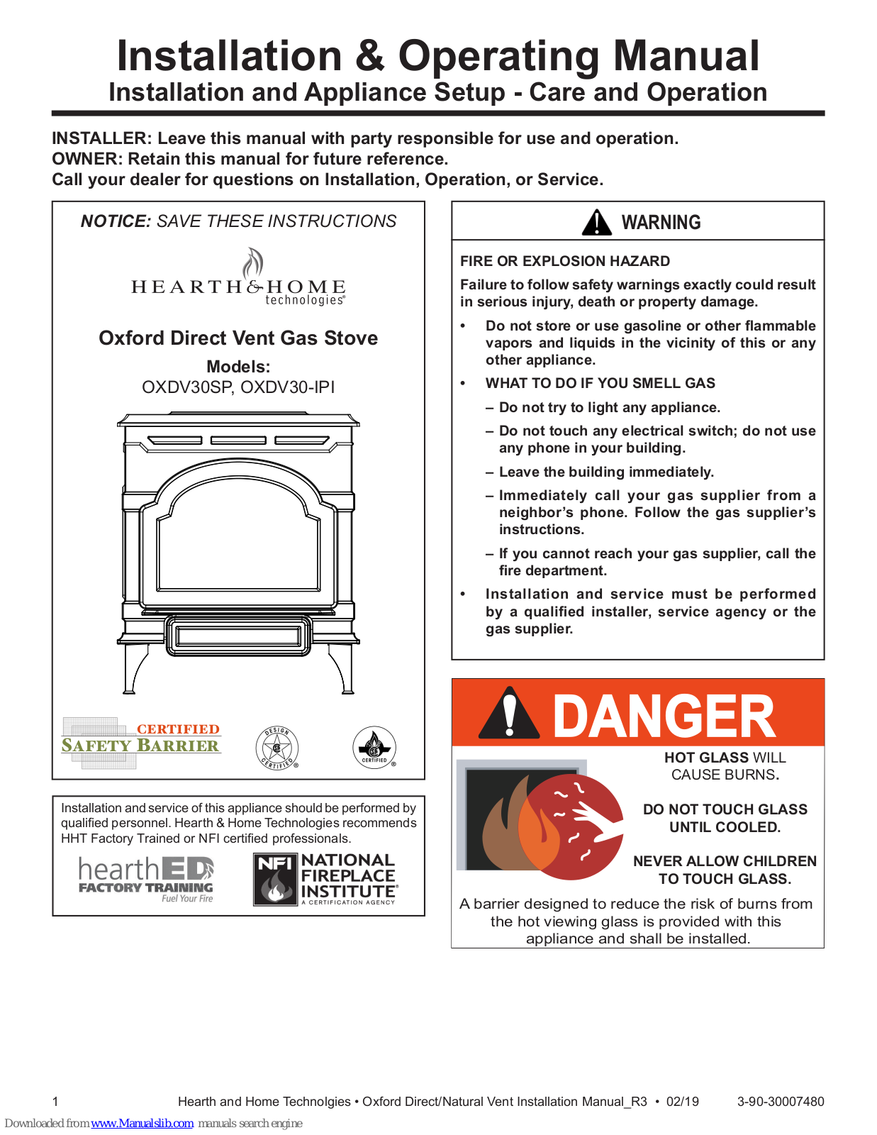 Hearth & Home OXDV30SP, OXDV30-IPI Installation & Operating Manual