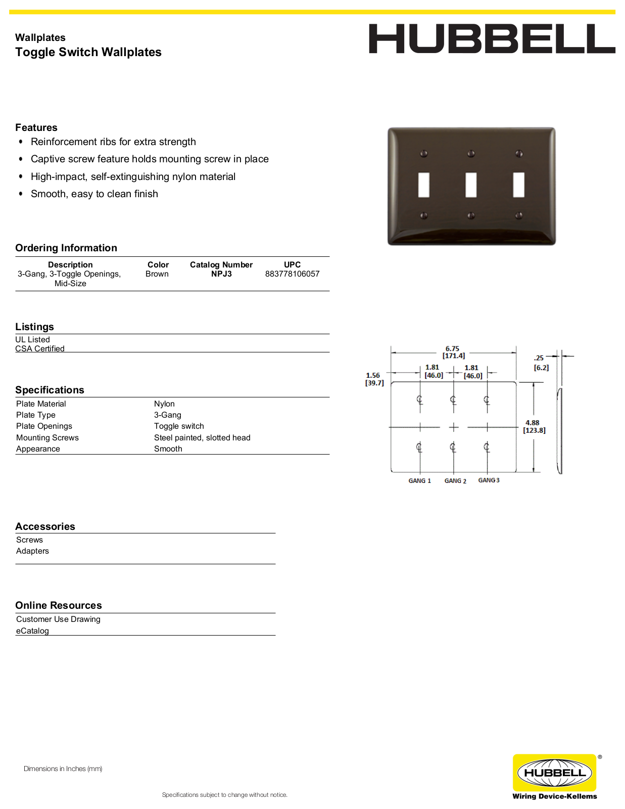 Hubbell NPJ3 Specifications