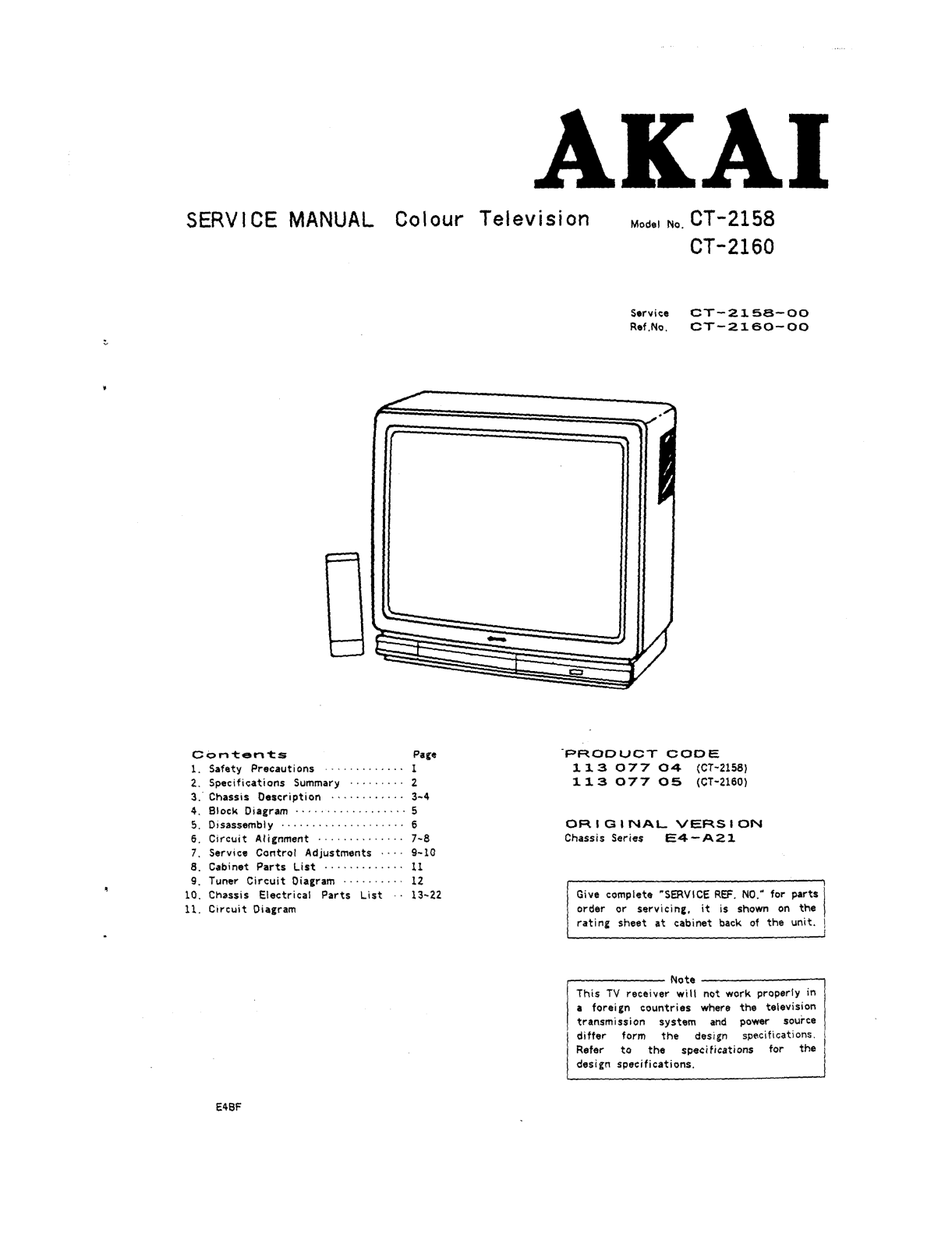 Akai E4-A21, CT-2160, CT-2158 Service Manual