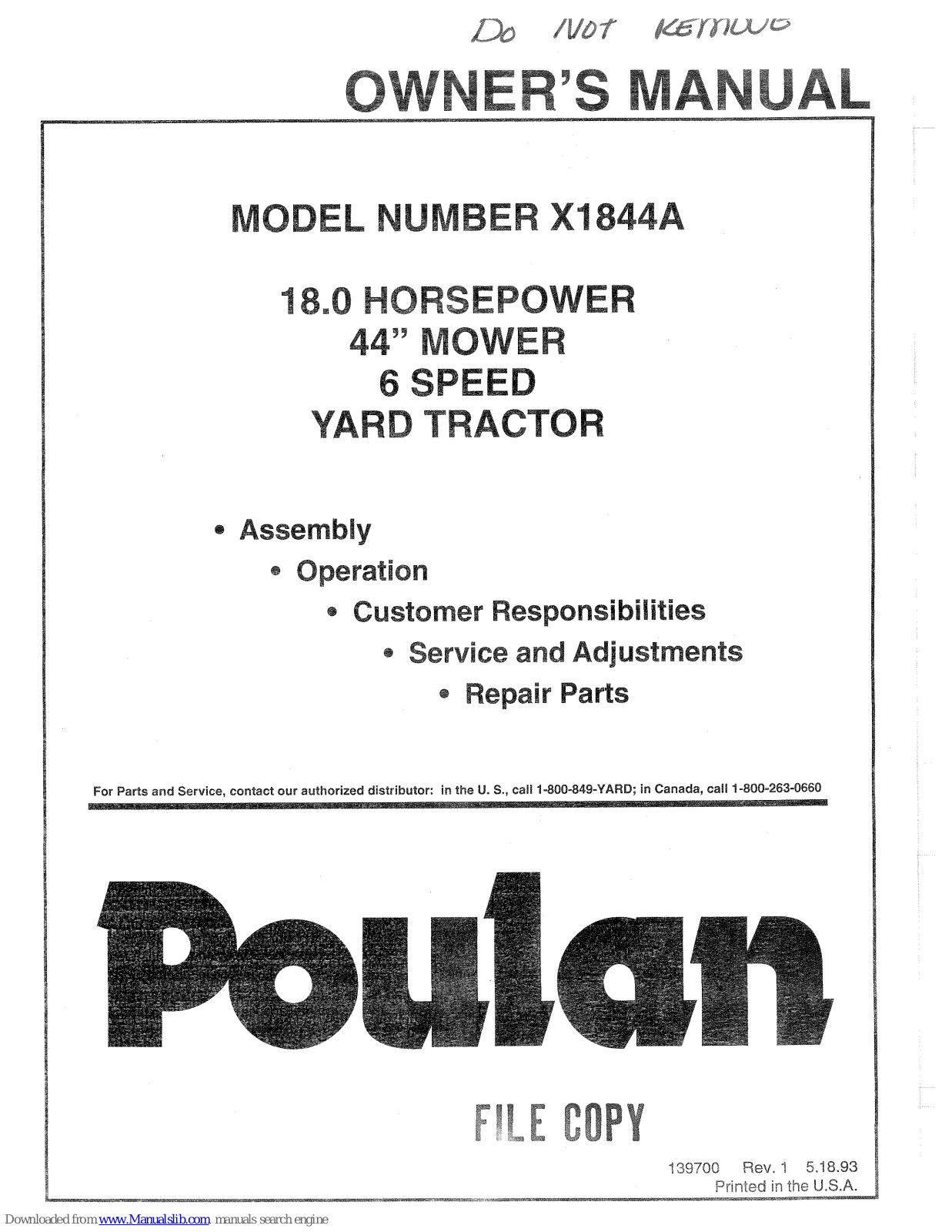 Poulan Pro X1844A Owner's Manual