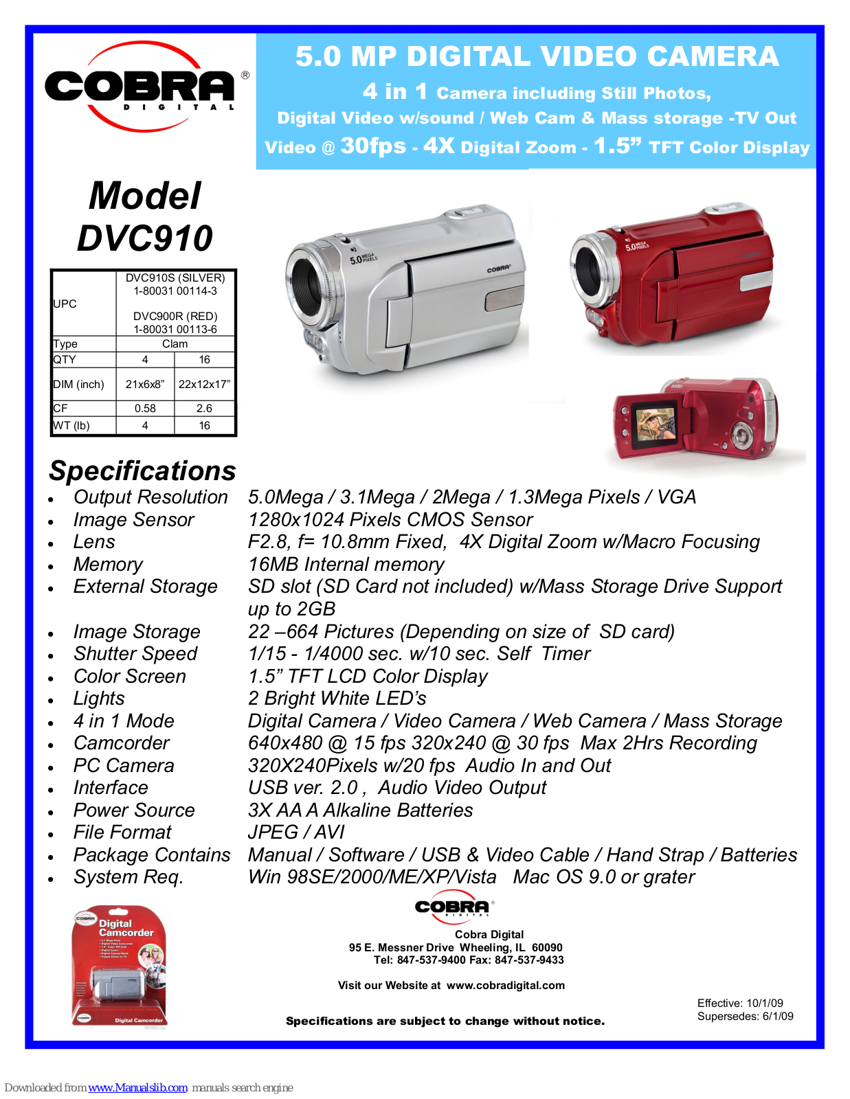 Cobra Digital DVC910, DVC910S, DVC900R Specifications