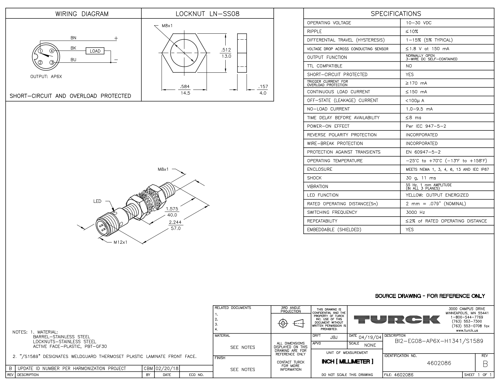 Turck BI2-EG08-AP6X-H1341/S1589 Data Sheet